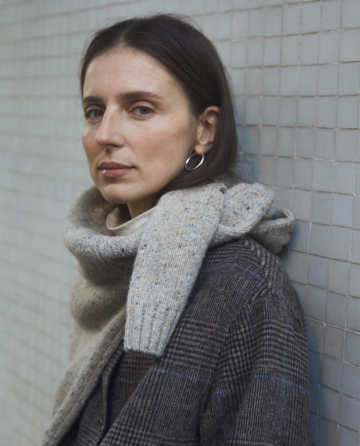 Brown Checked Wool-Blend Long Coat