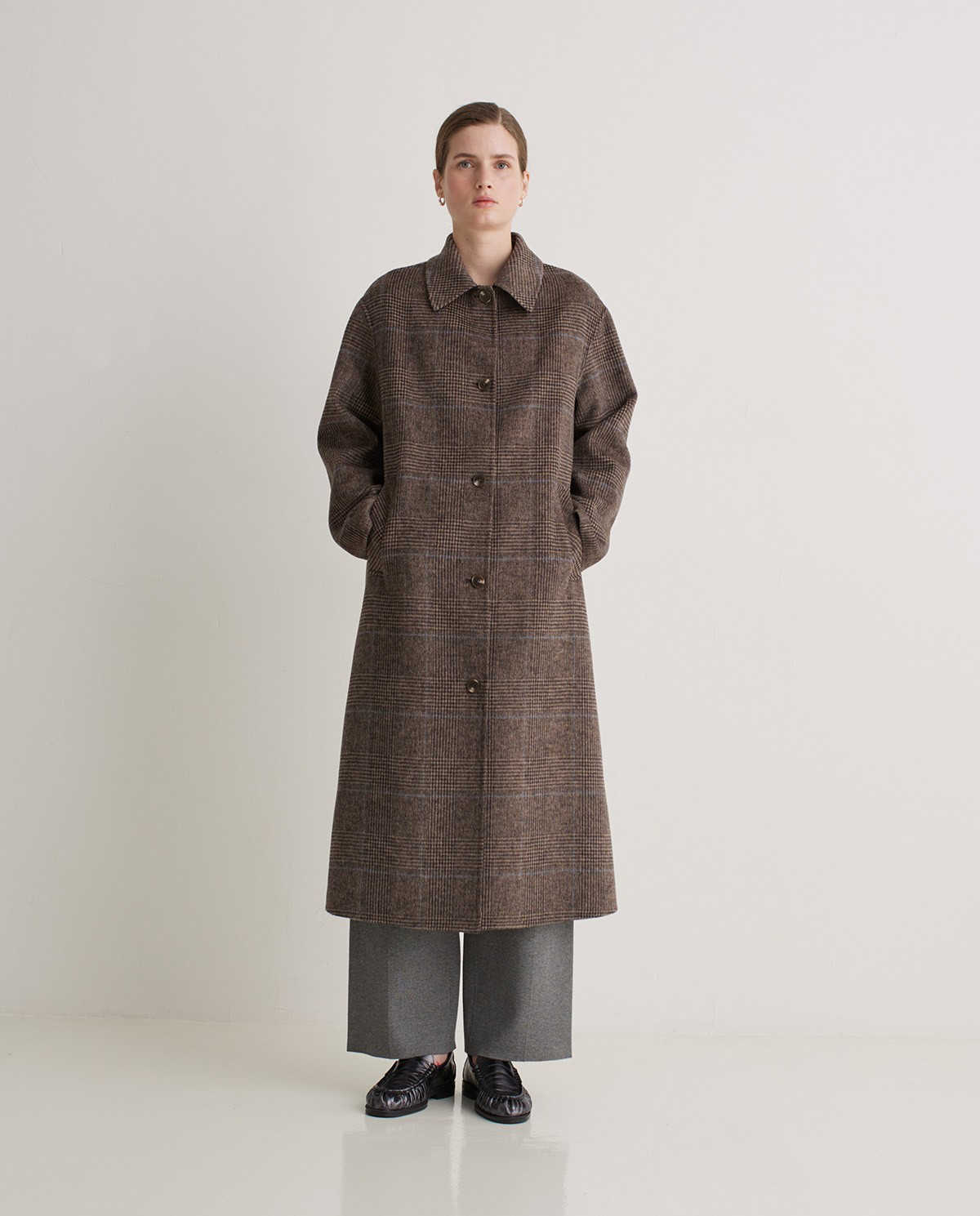 Brown Checked Wool-Blend Long Coat