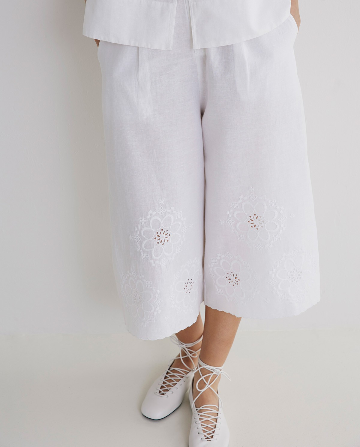 Cotton Linen Skirt Trousers with Floral Embroidery