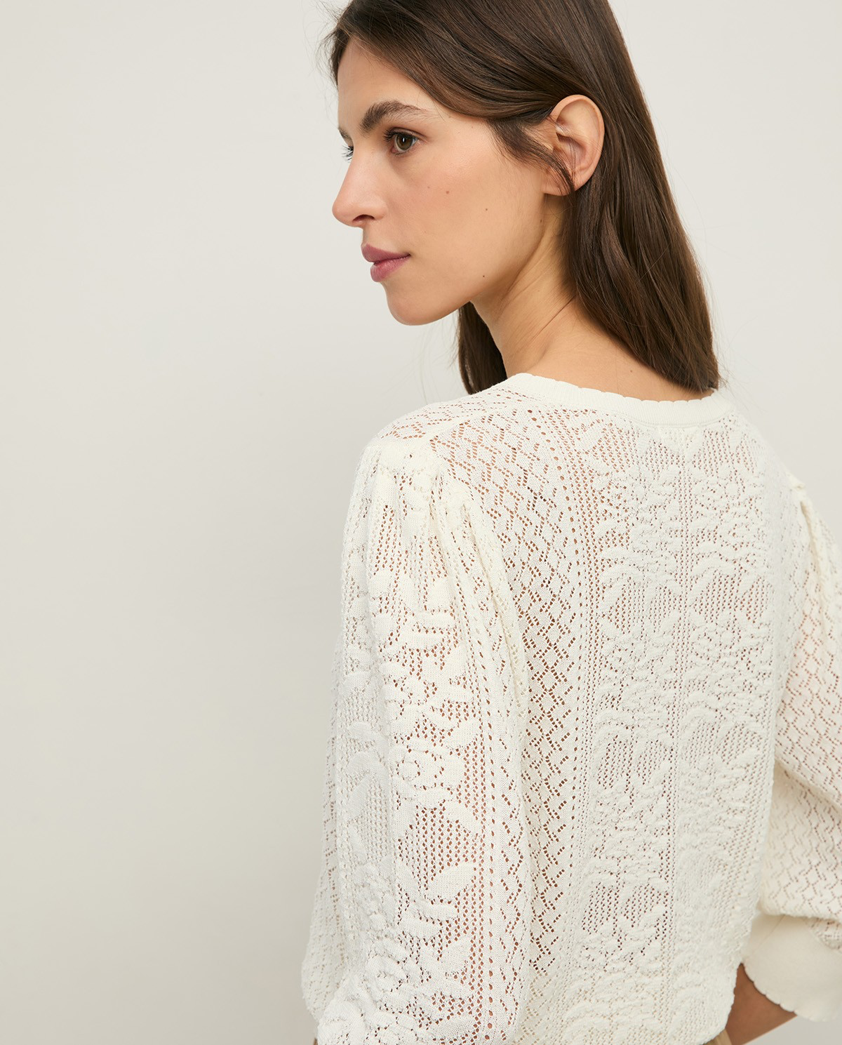 Pointelette Sweater With Puffed French Sleeves