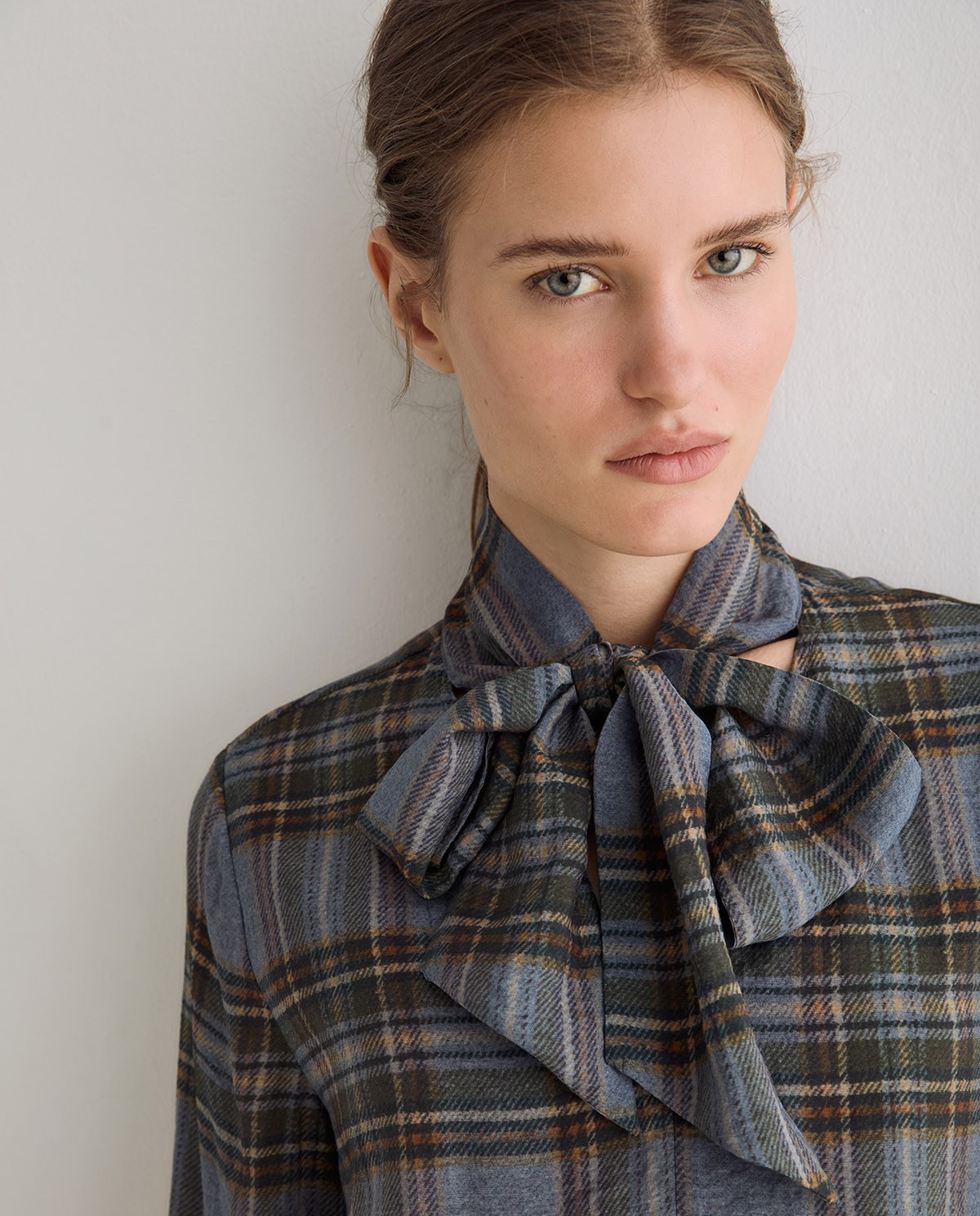 Tie-Neck Check-Print Shirt