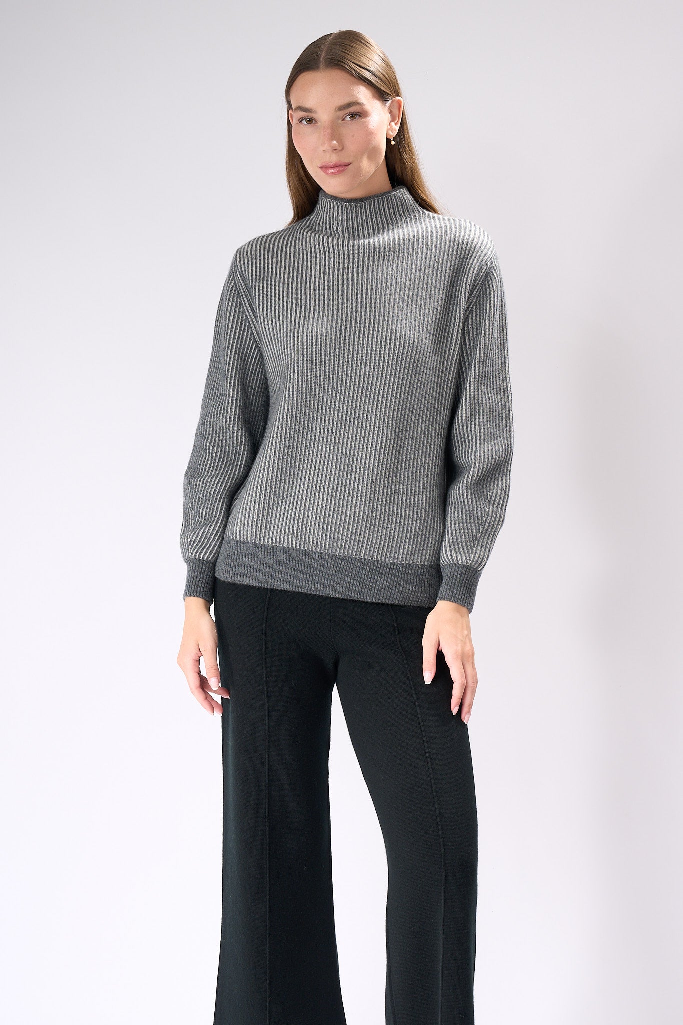 Rib Two Tone Mock Cashmere Sweater