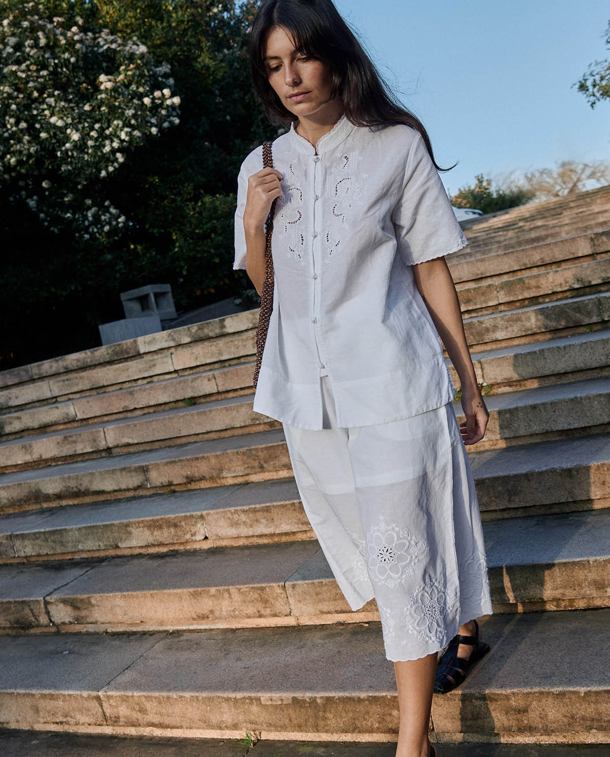 Cotton Linen Skirt Trousers with Floral Embroidery