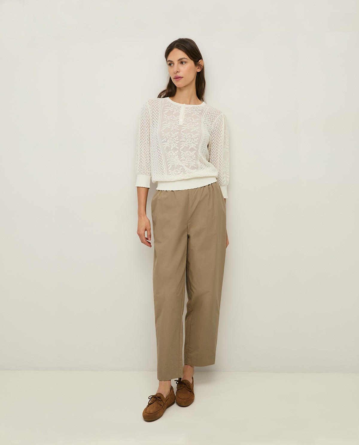 Pointelette Sweater With Puffed French Sleeves