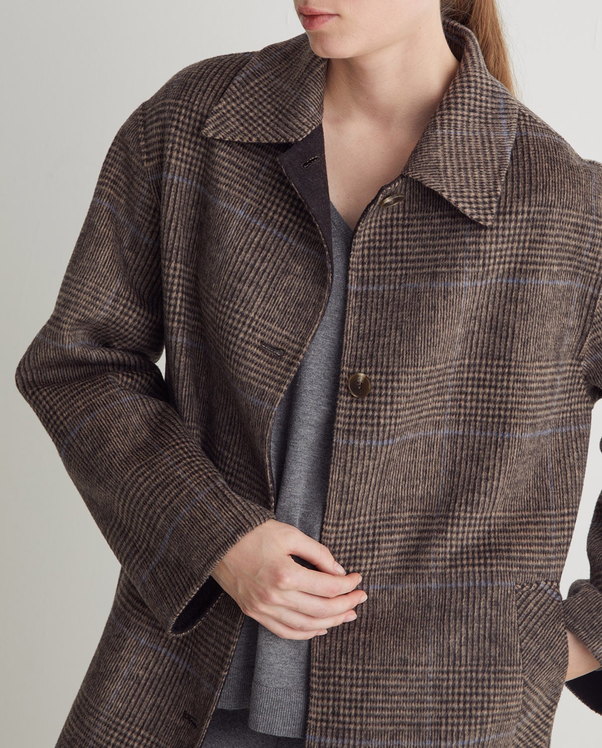 Brown Checked Wool-Blend Long Coat