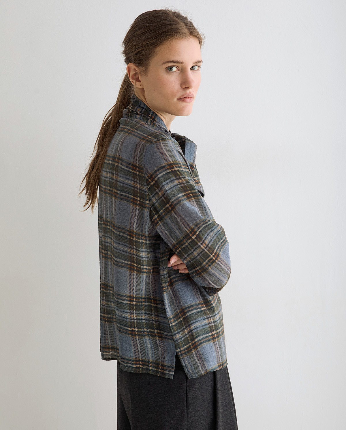 Tie-Neck Check-Print Shirt