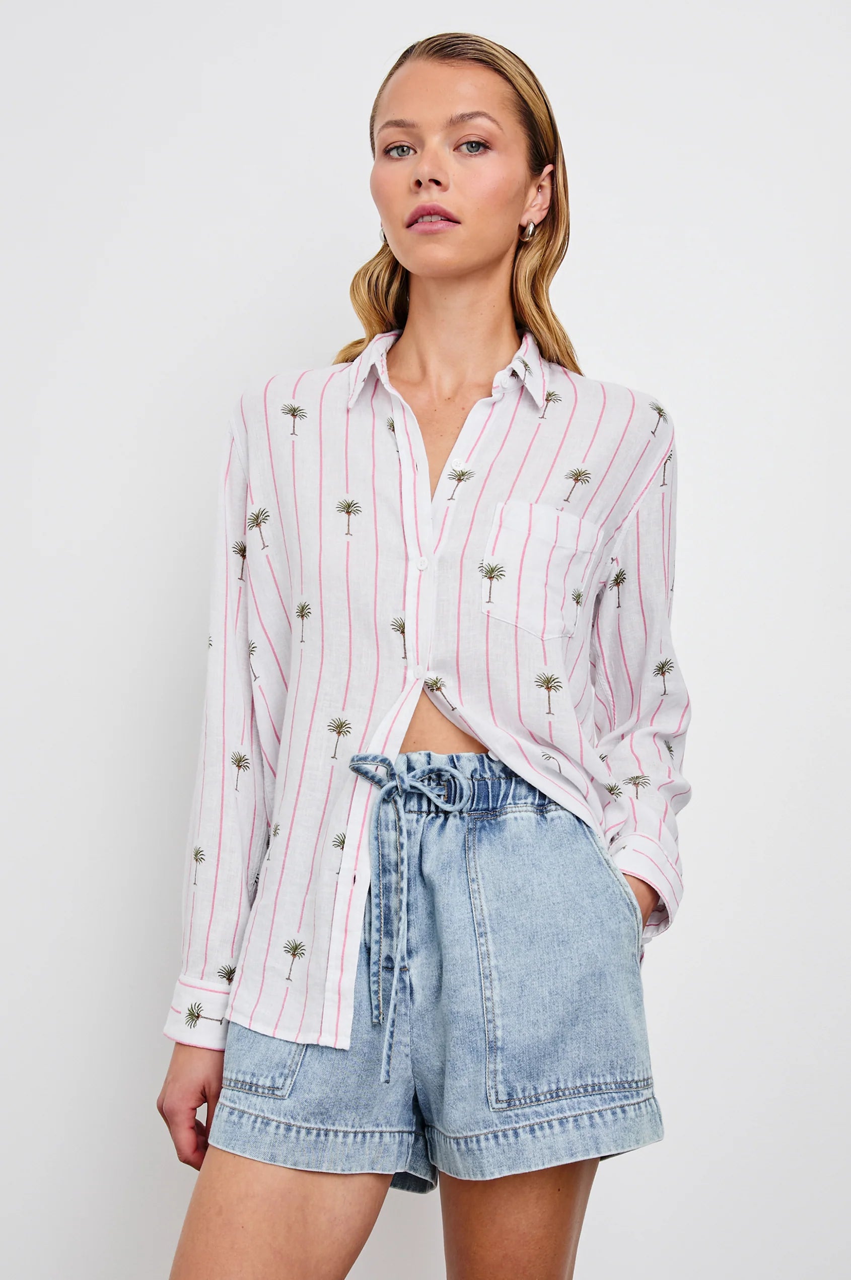 Charli Shirt-Pink Palm Stripe