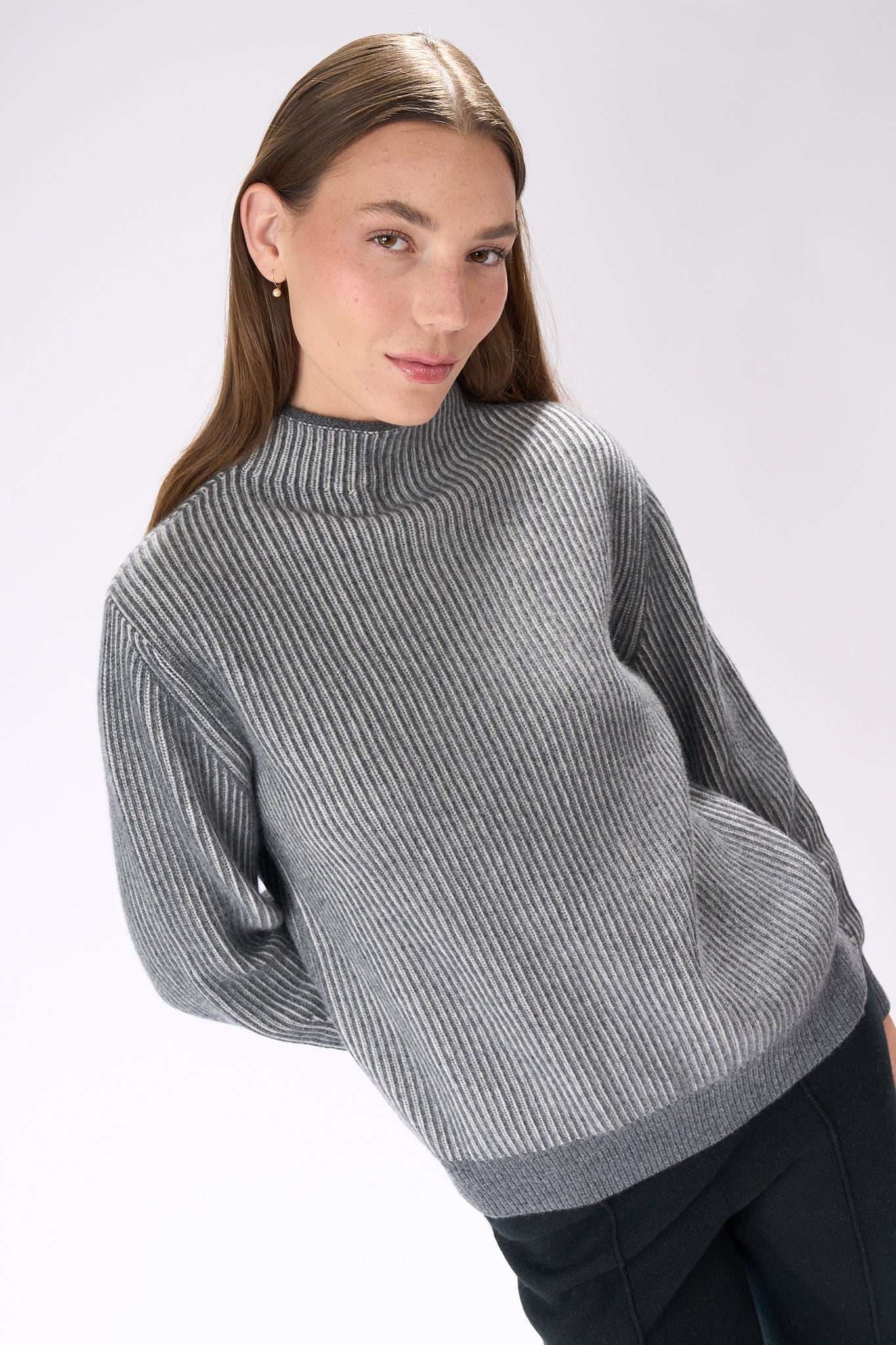 Rib Two Tone Mock Cashmere Sweater