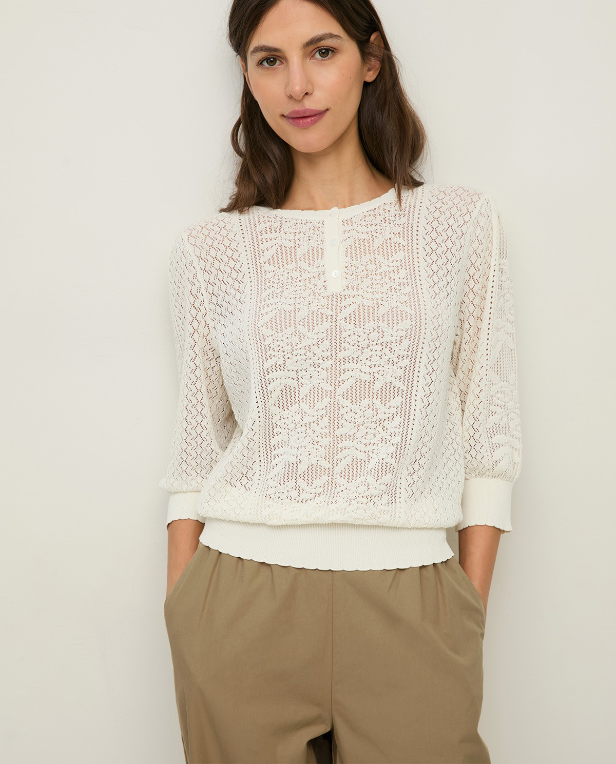 Pointelette Sweater With Puffed French Sleeves