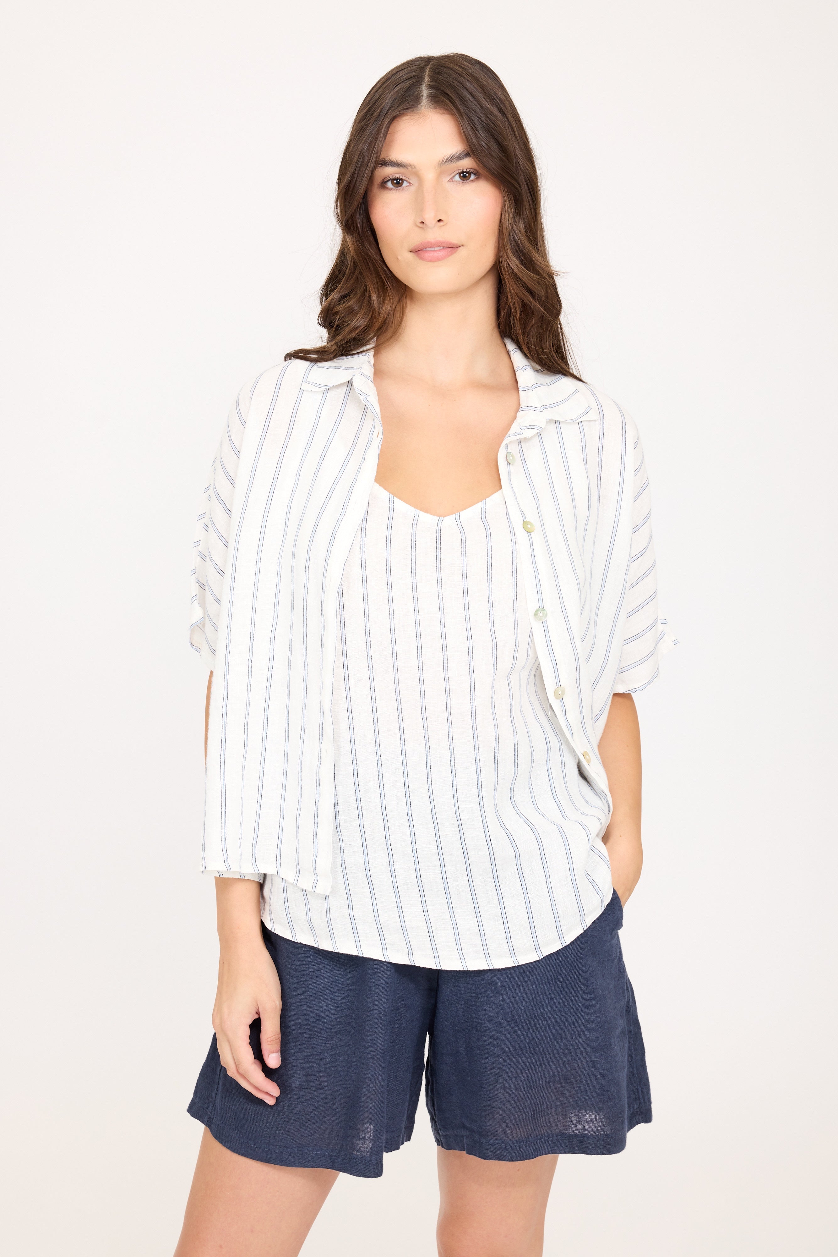 Pinstriped Short Sleeve Blouse