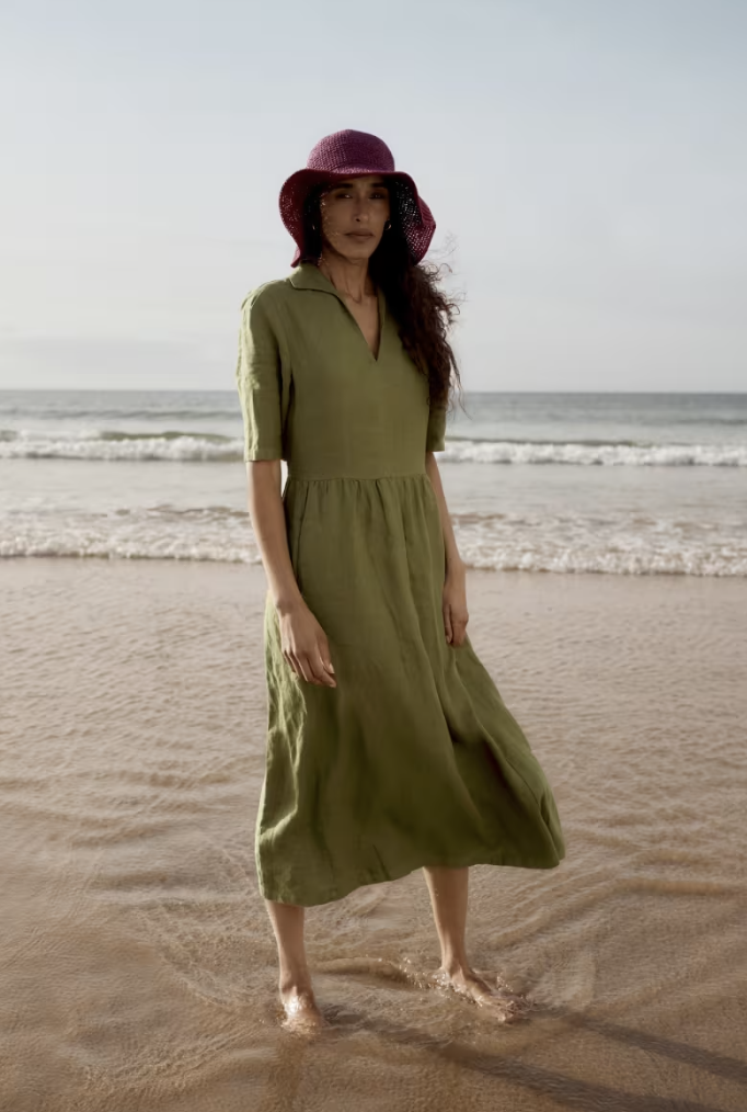 Fen Violet Linen Dress - Green