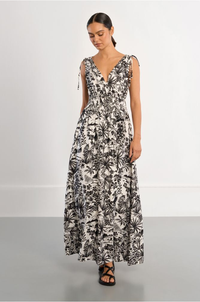 Hawaii Print Smocked Maxi Dress