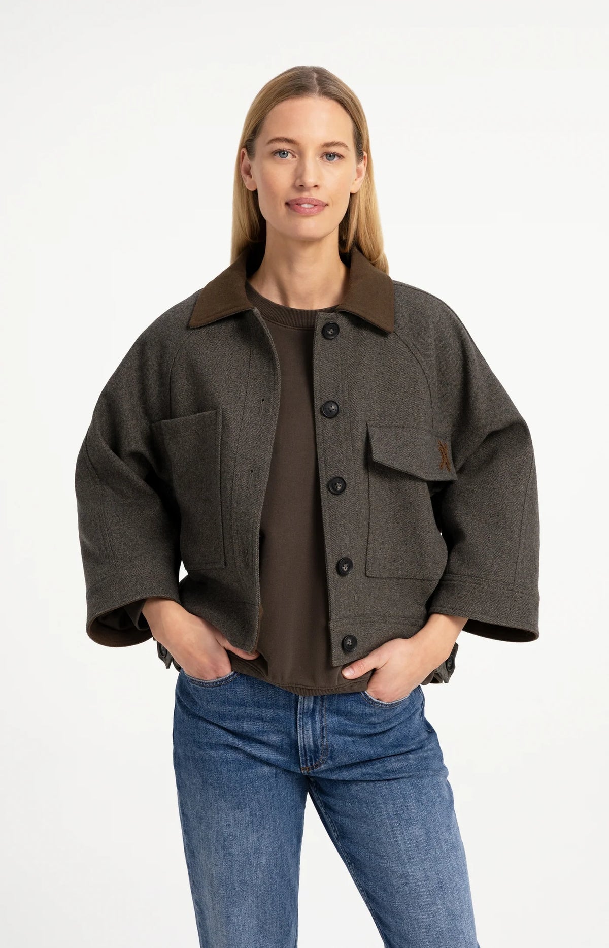 Oversized Wool Mix Jacket w Contrast Collar