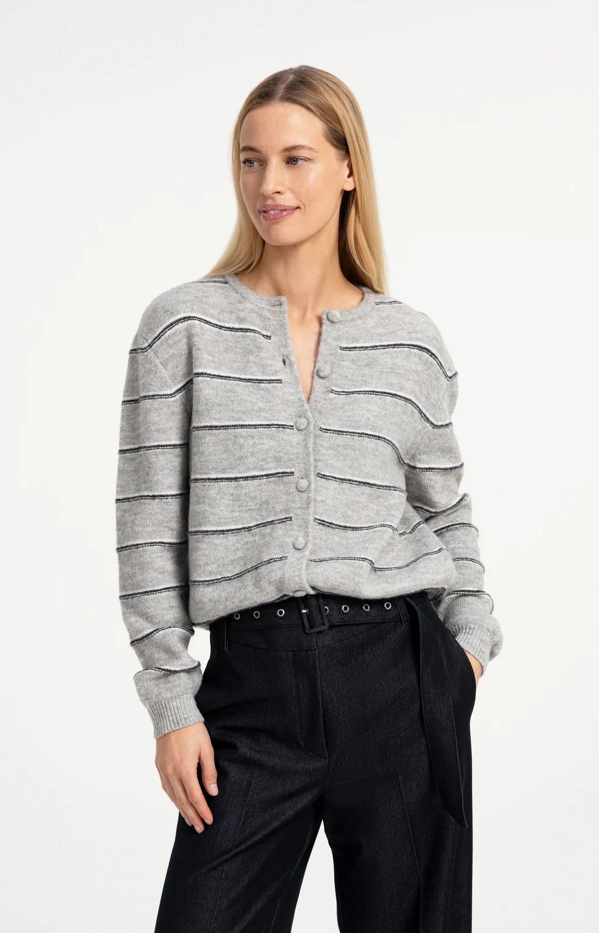 Striped Knitted Cardigan w Tie Detail