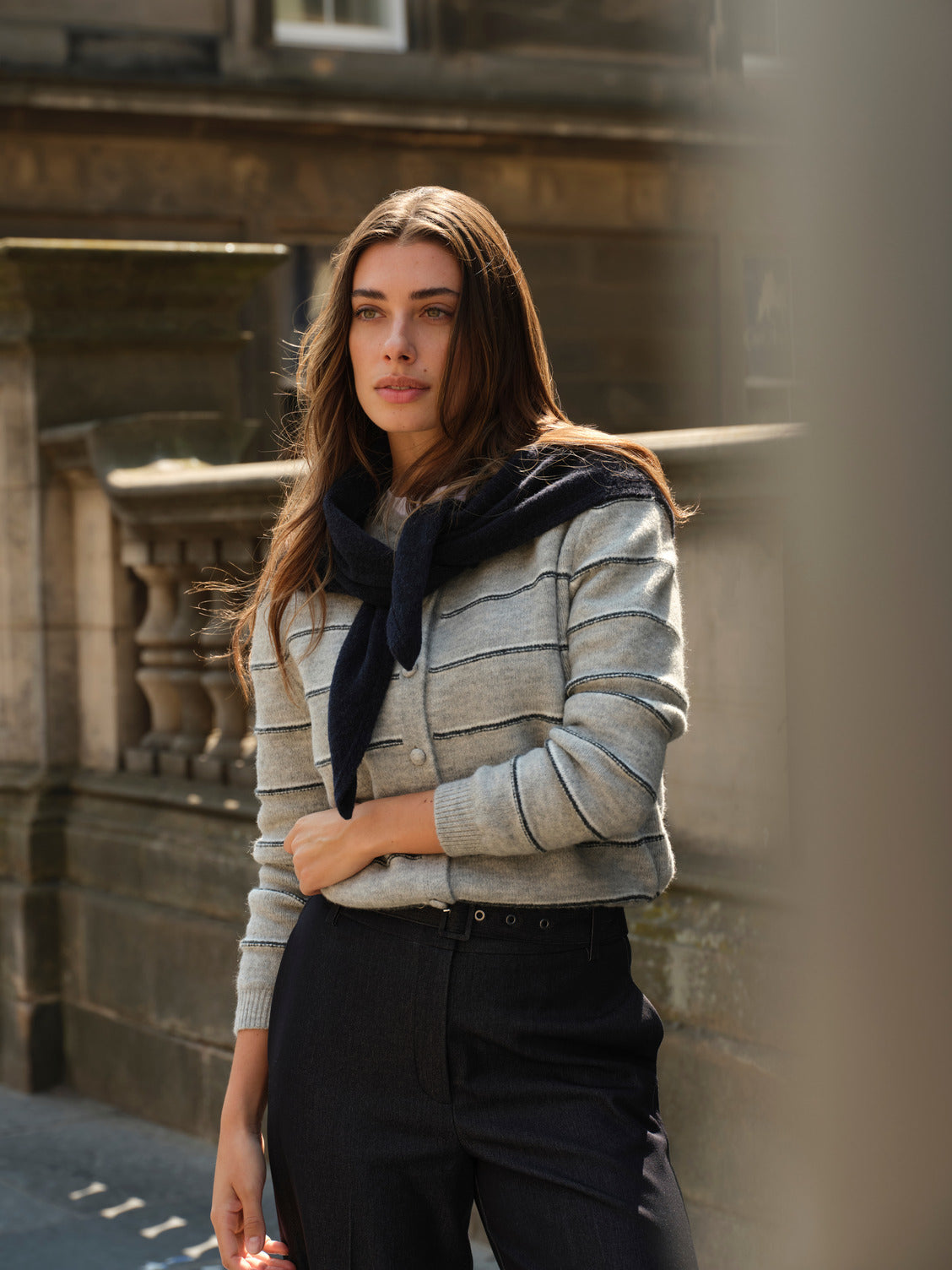Striped Knitted Cardigan w Tie Detail