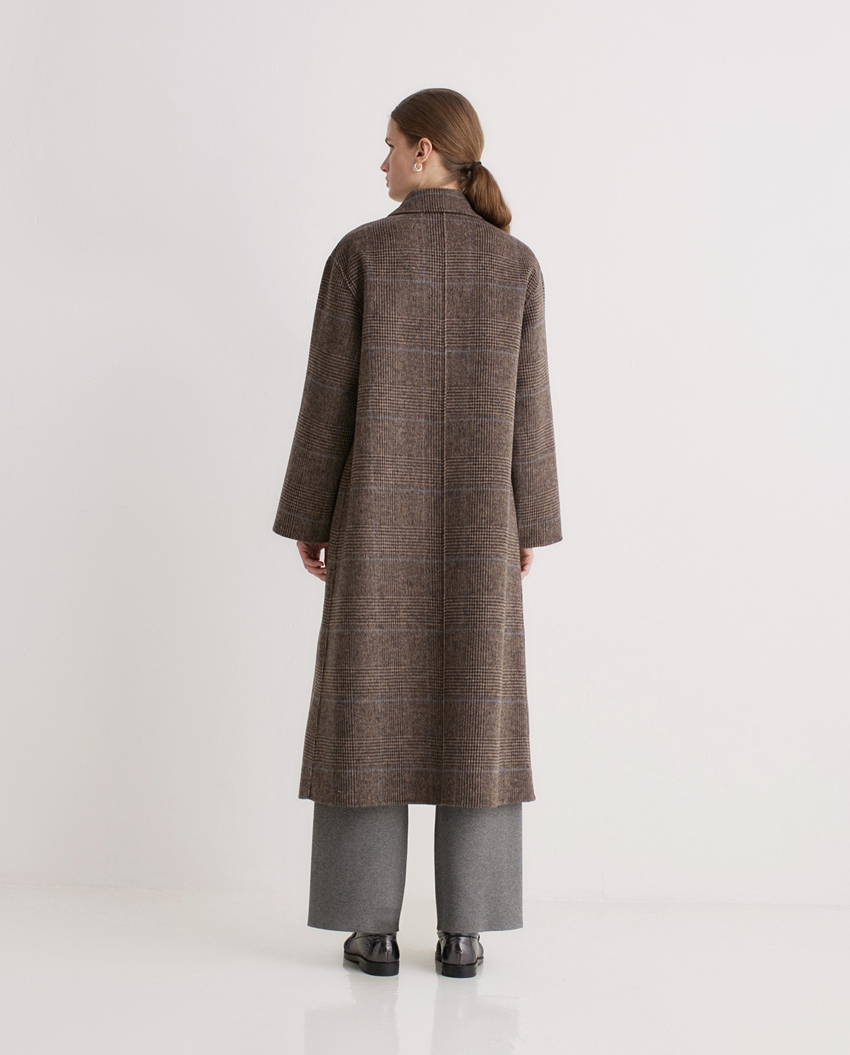 Brown Checked Wool-Blend Long Coat