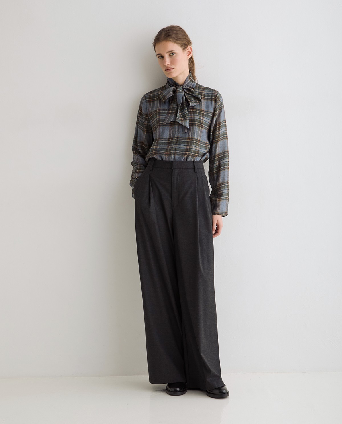 Tie-Neck Check-Print Shirt