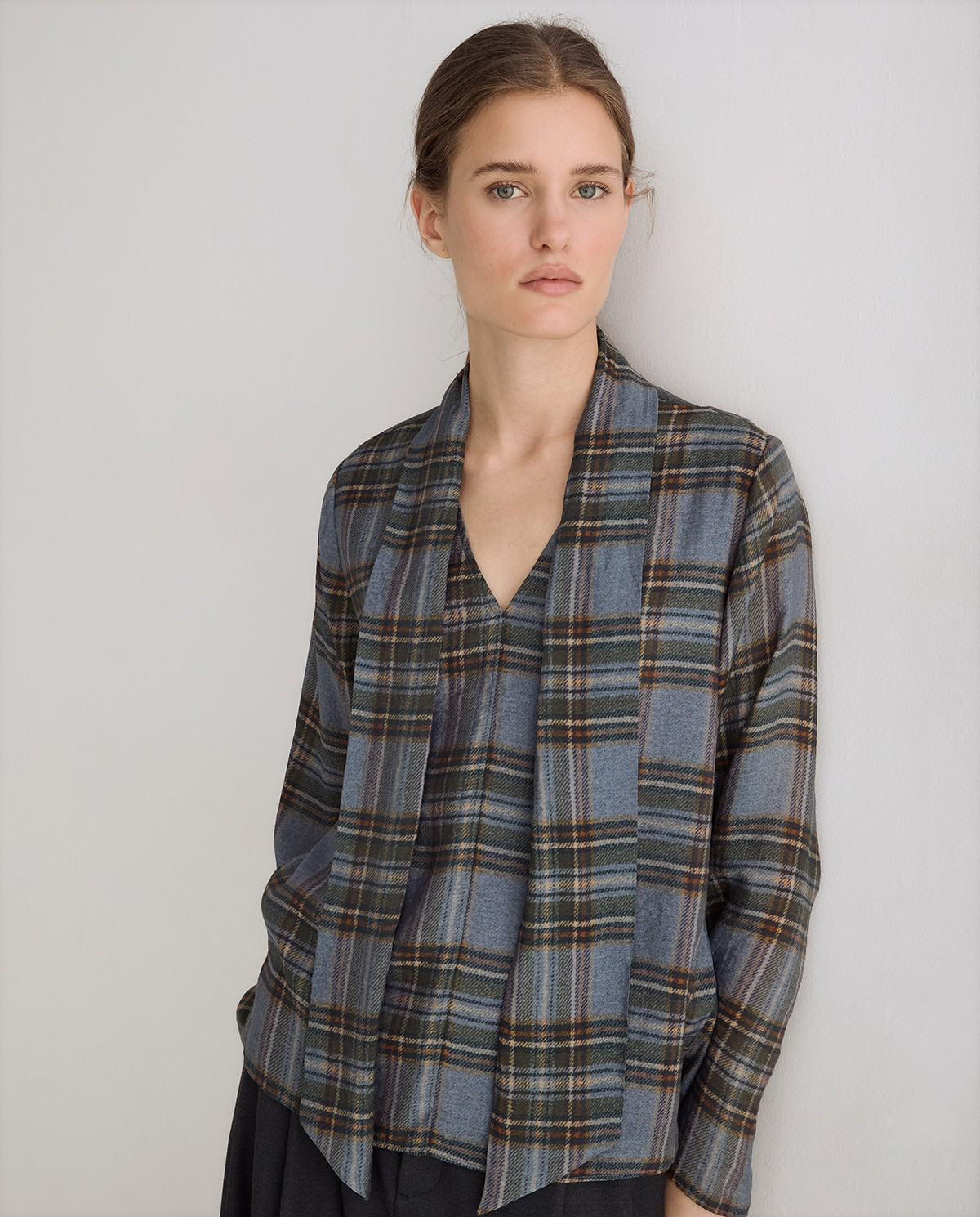 Tie-Neck Check-Print Shirt