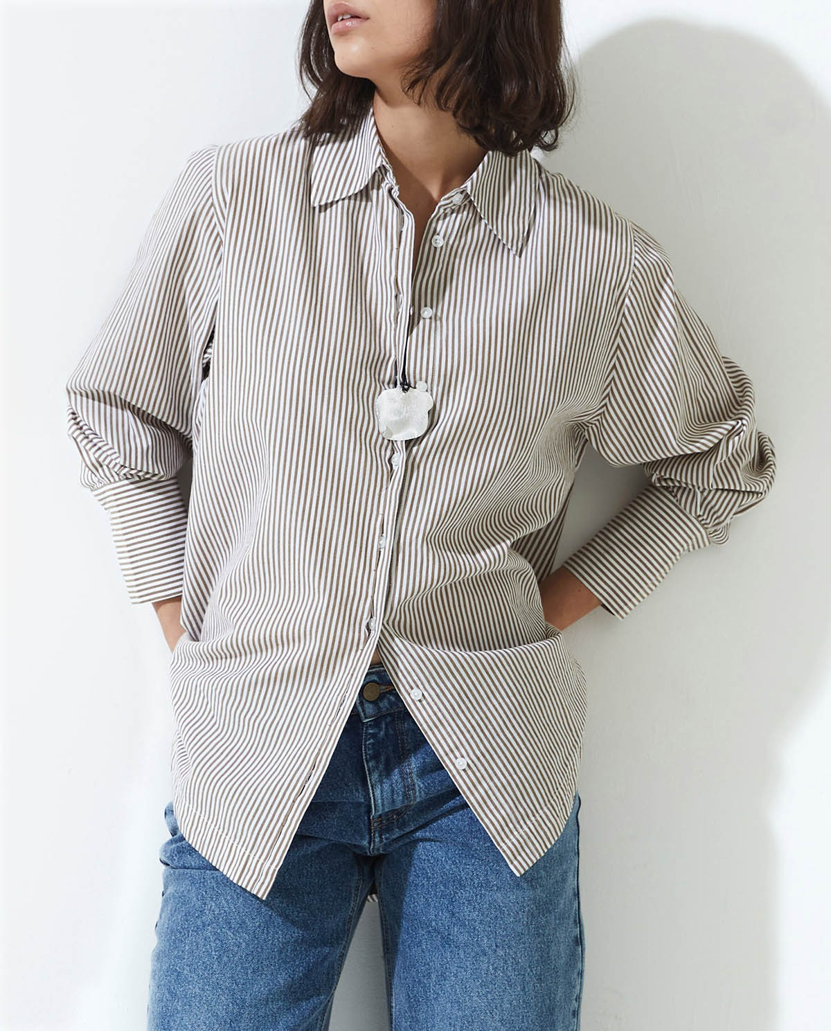 Camel Striped Organic-Cotton Poplin Shirt