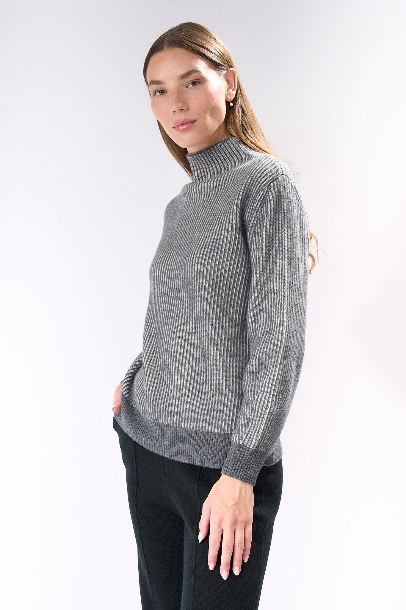 Rib Two Tone Mock Cashmere Sweater