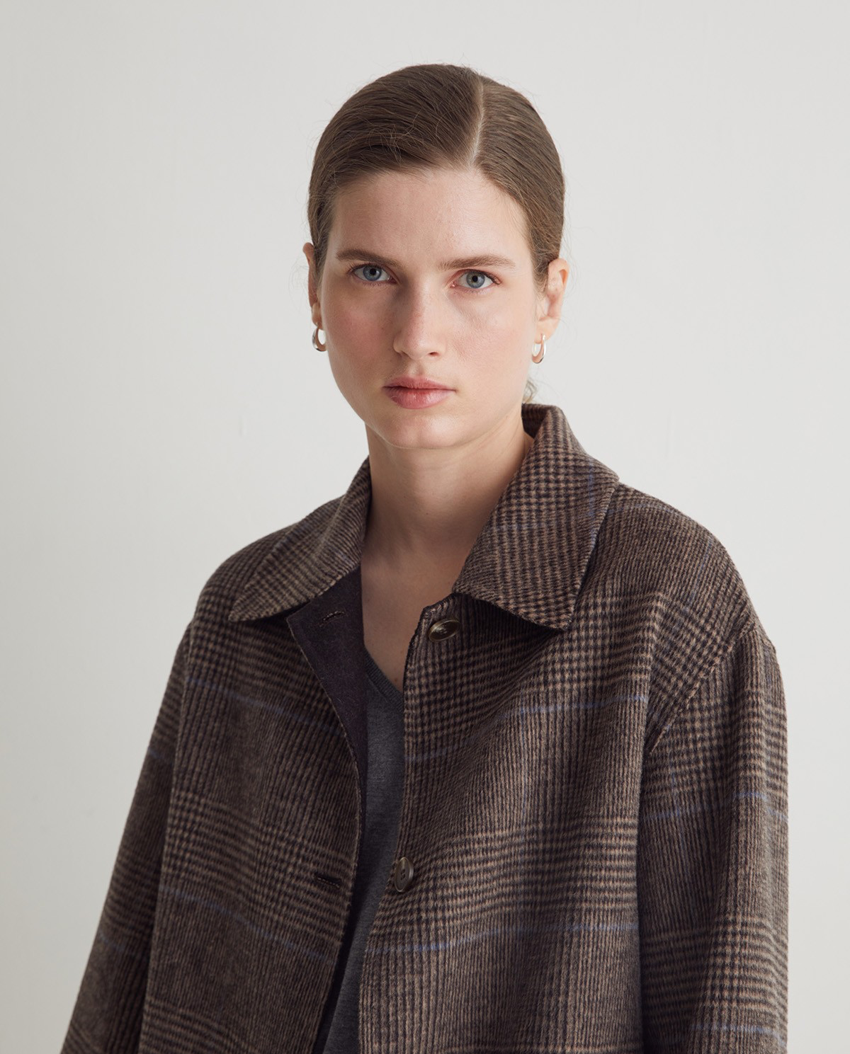 Brown Checked Wool-Blend Long Coat