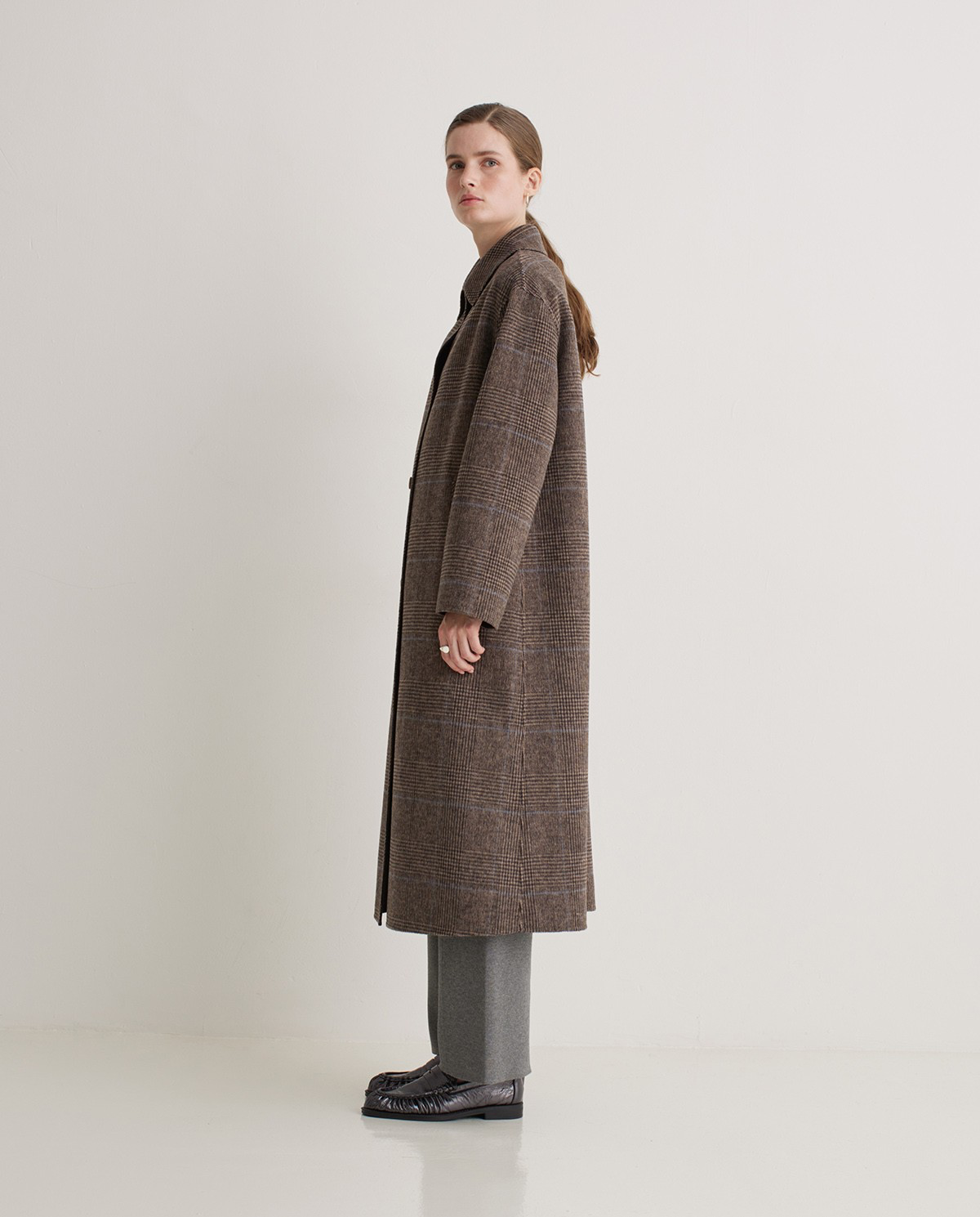 Brown Checked Wool-Blend Long Coat
