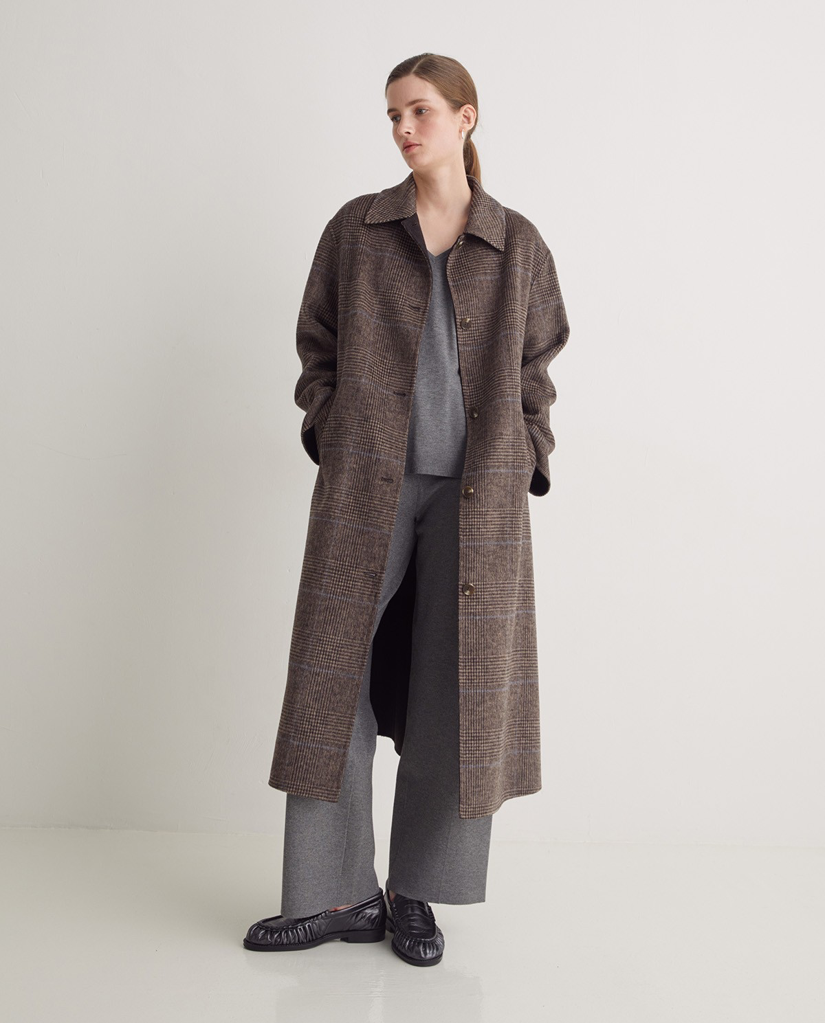 Brown Checked Wool-Blend Long Coat
