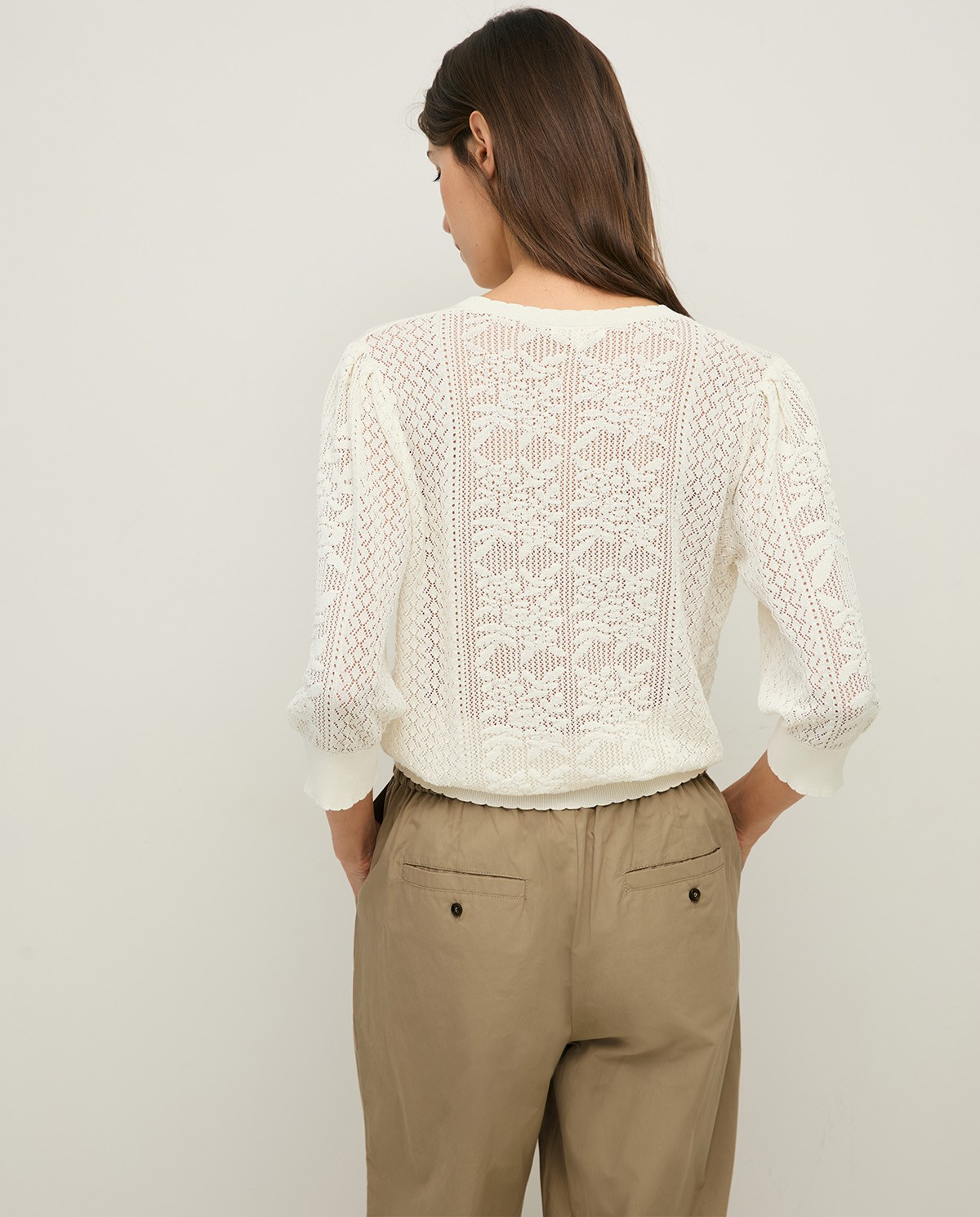 Pointelette Sweater With Puffed French Sleeves