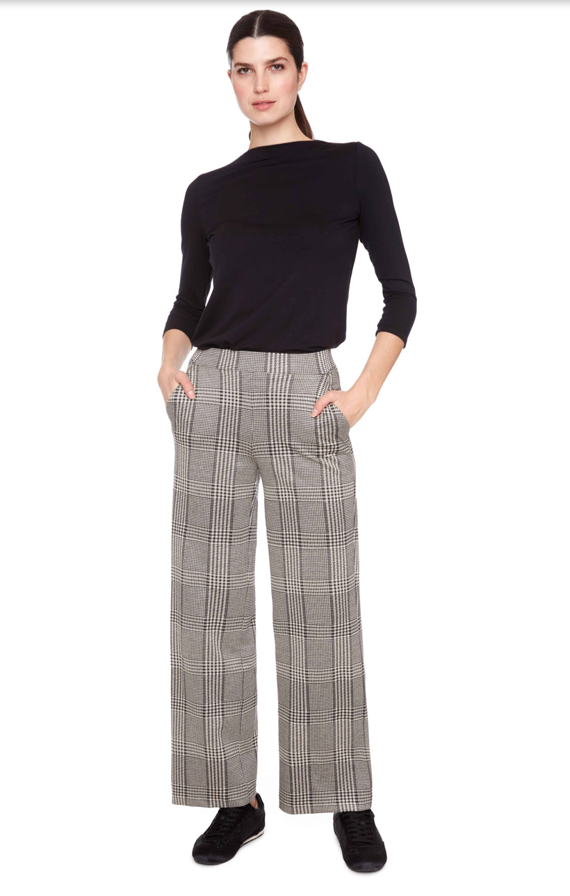 Beige Plaid Knit Wide-Leg Full-Length Pant