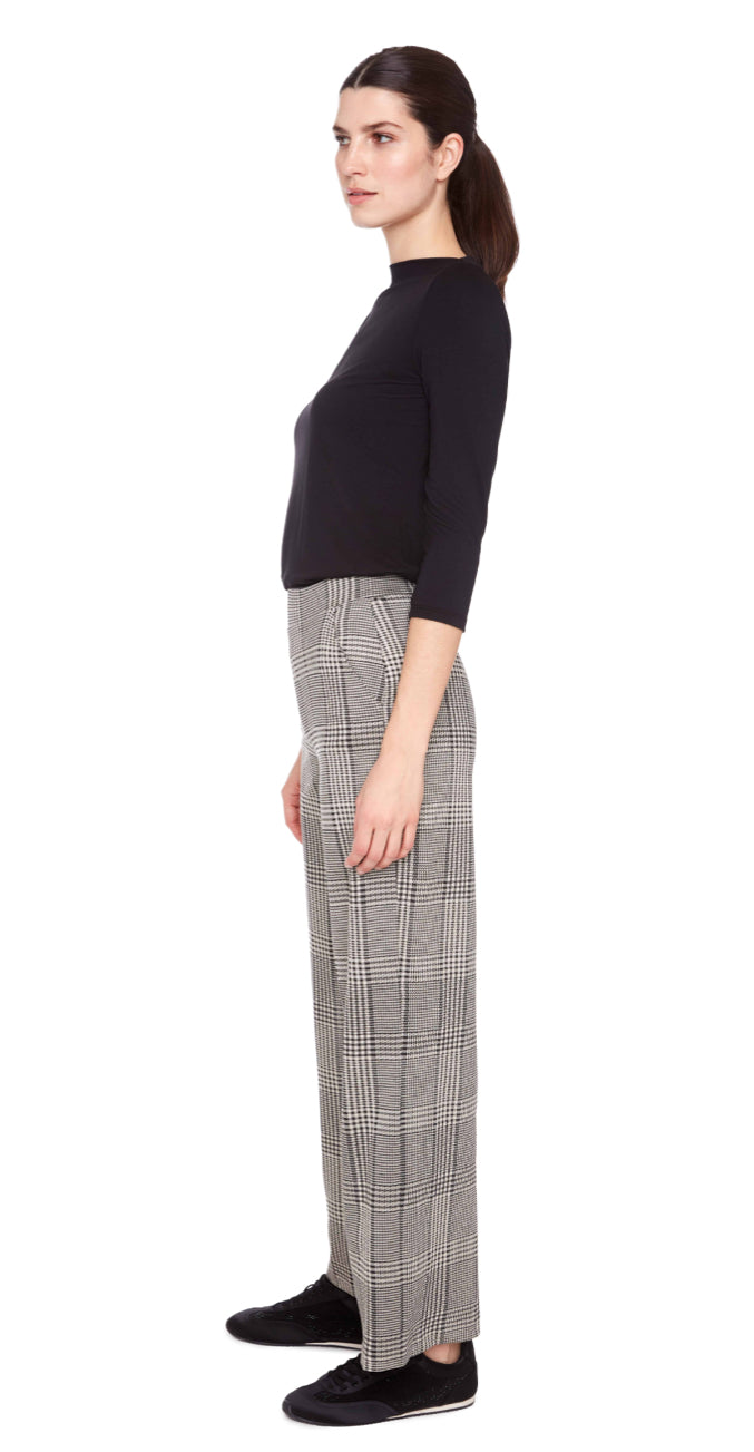 Beige Plaid Knit Wide-Leg Full-Length Pant