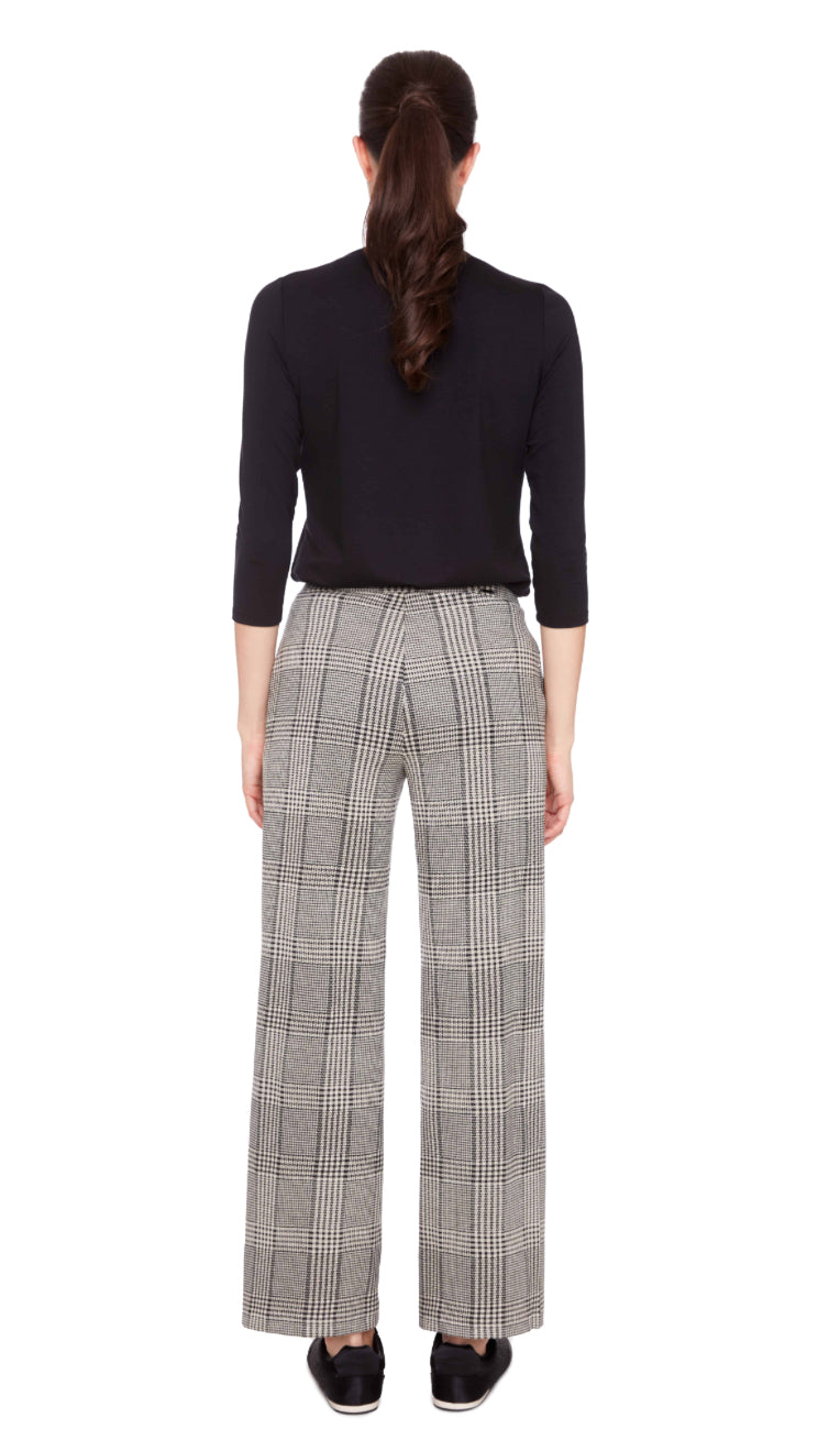 Beige Plaid Knit Wide-Leg Full-Length Pant