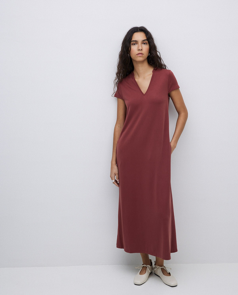 Burgundy Cap-Sleeve Midi Dress