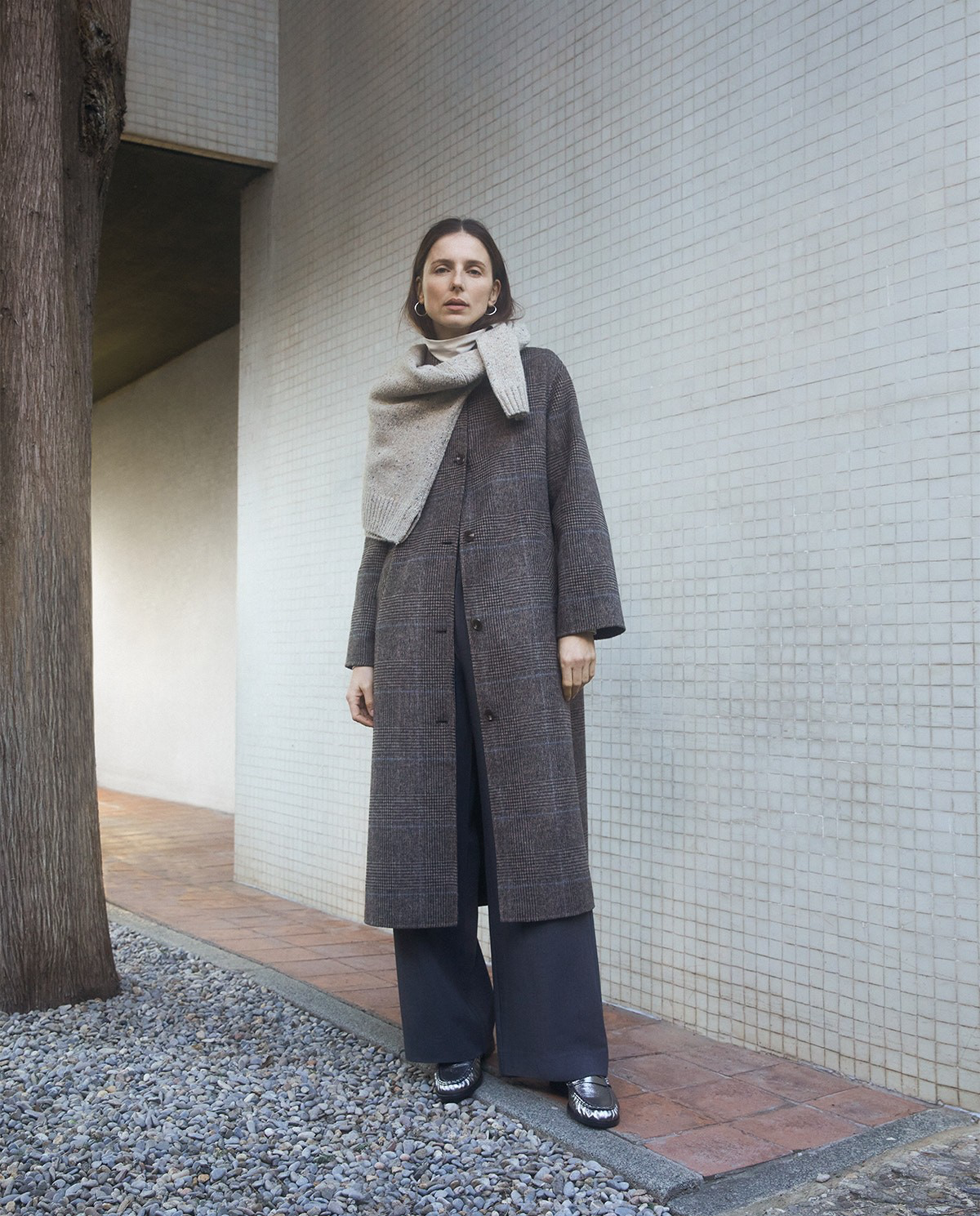 Brown Checked Wool-Blend Long Coat