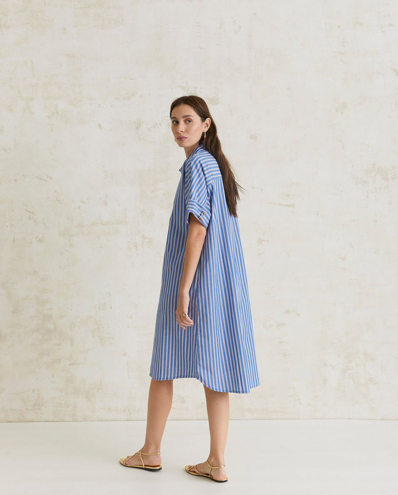 Cotton Blue Stripe Shirt Dress