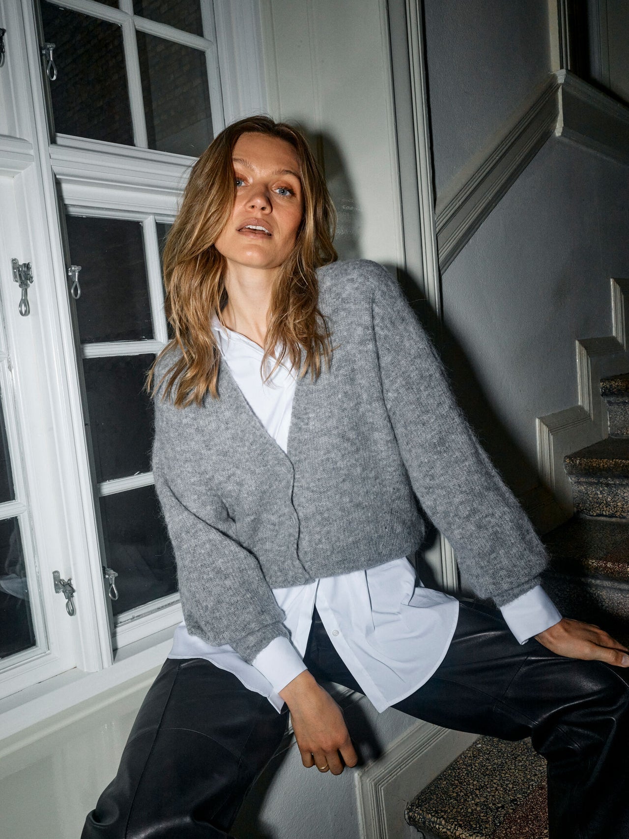 Thora Grey Melange V-Neck Knit Cardigan