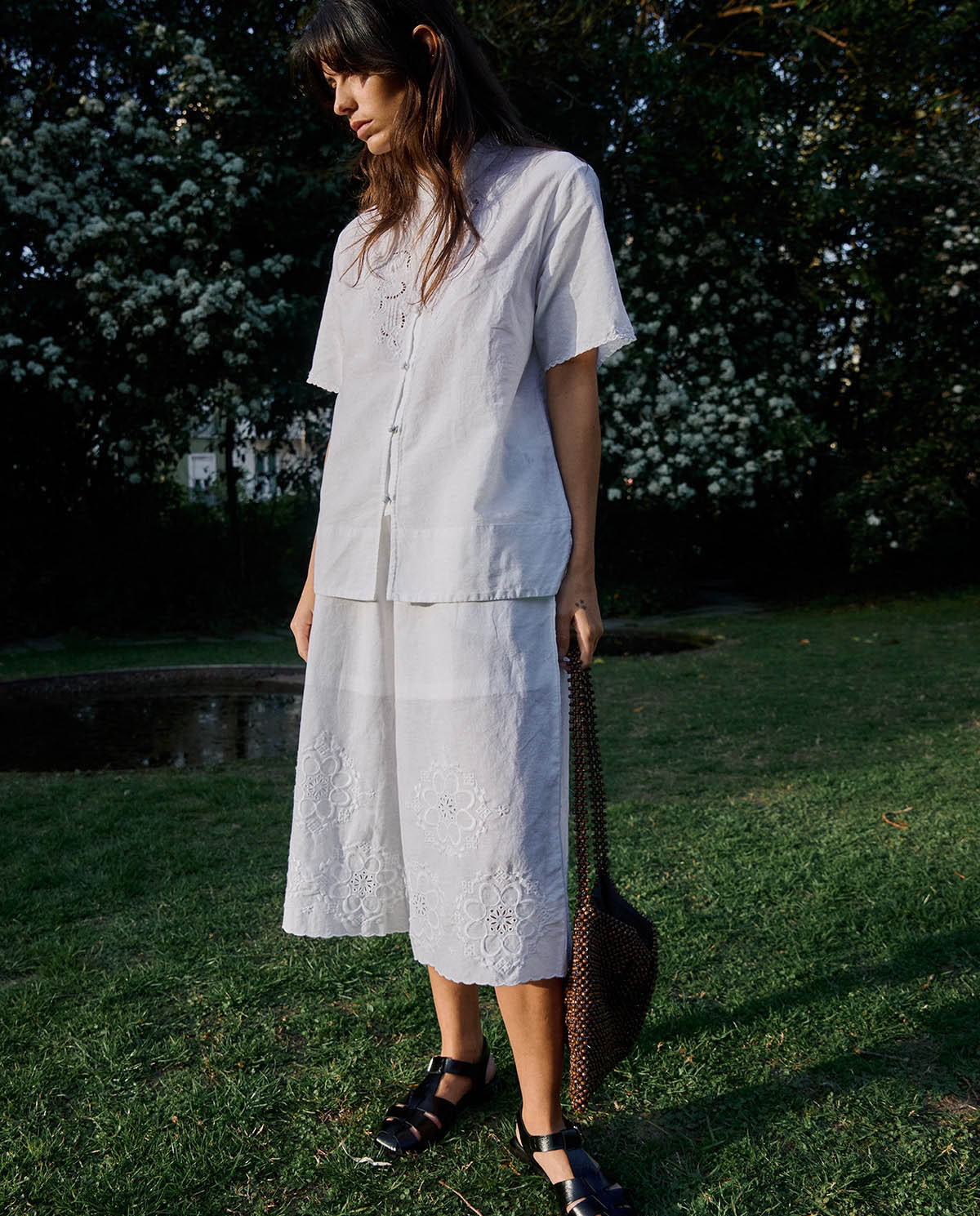 Cotton Linen Skirt Trousers with Floral Embroidery