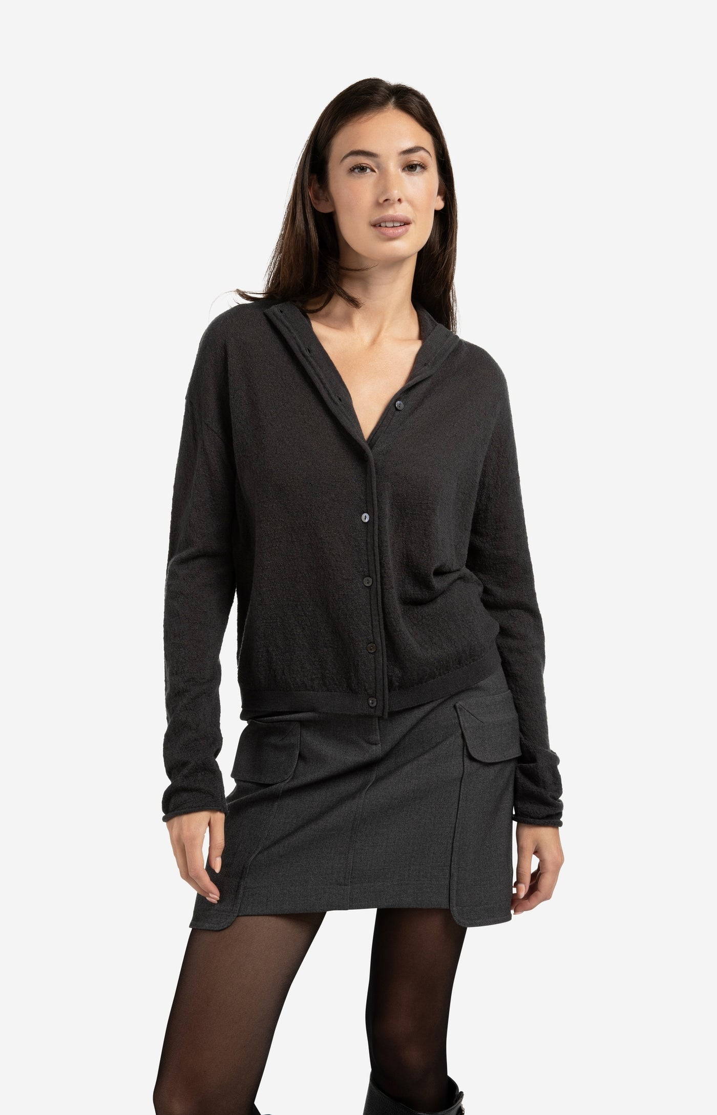 Textured Cardigan with High Neckline