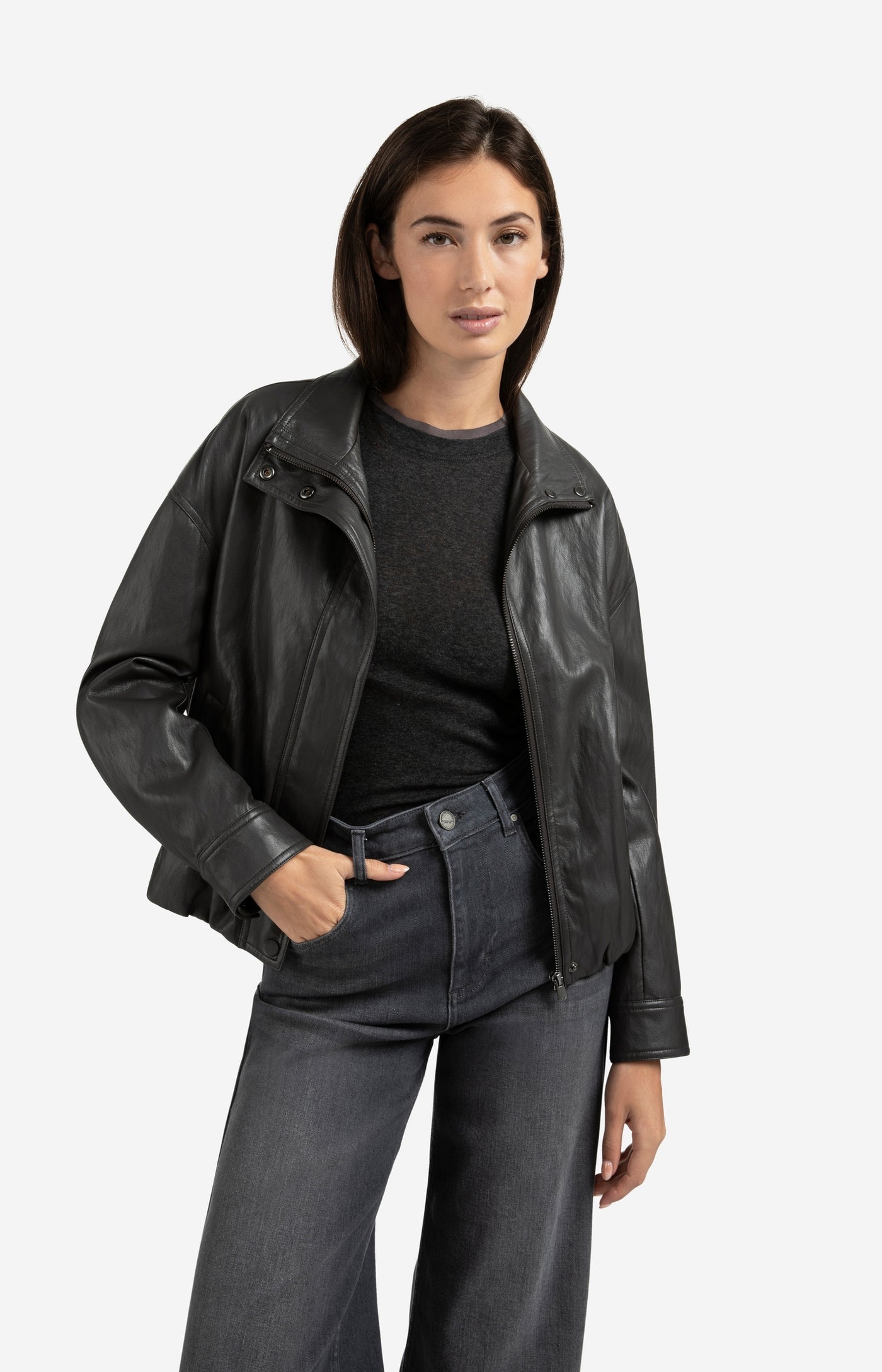 Faux Leather Balloon Hem Jacket