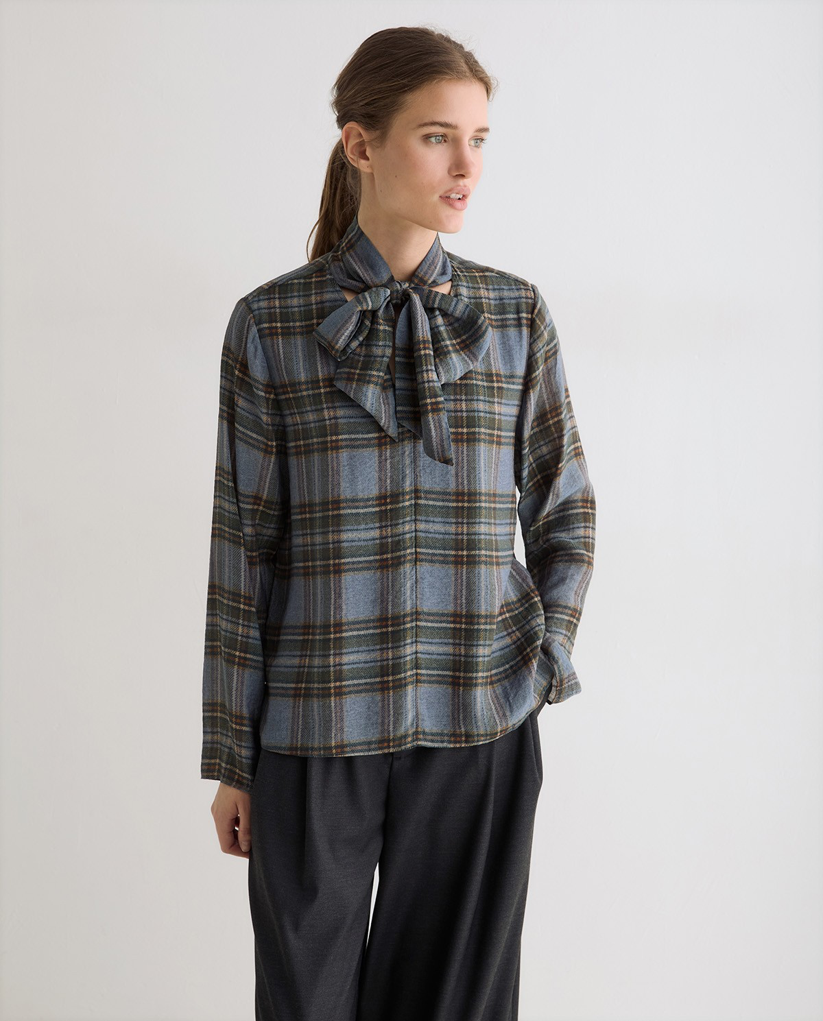 Tie-Neck Check-Print Shirt