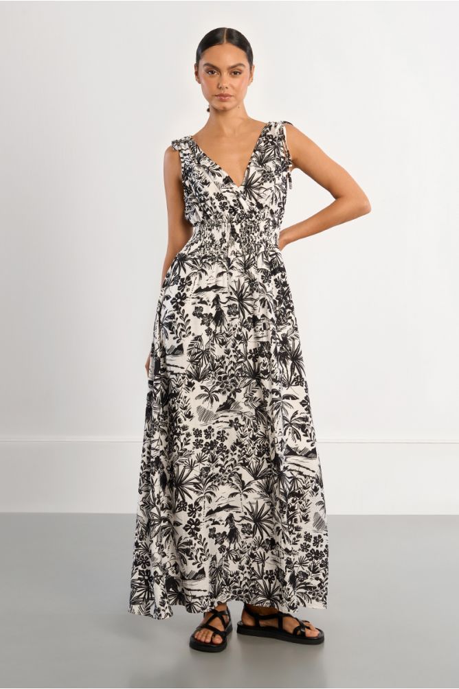 Hawaii Print Smocked Maxi Dress