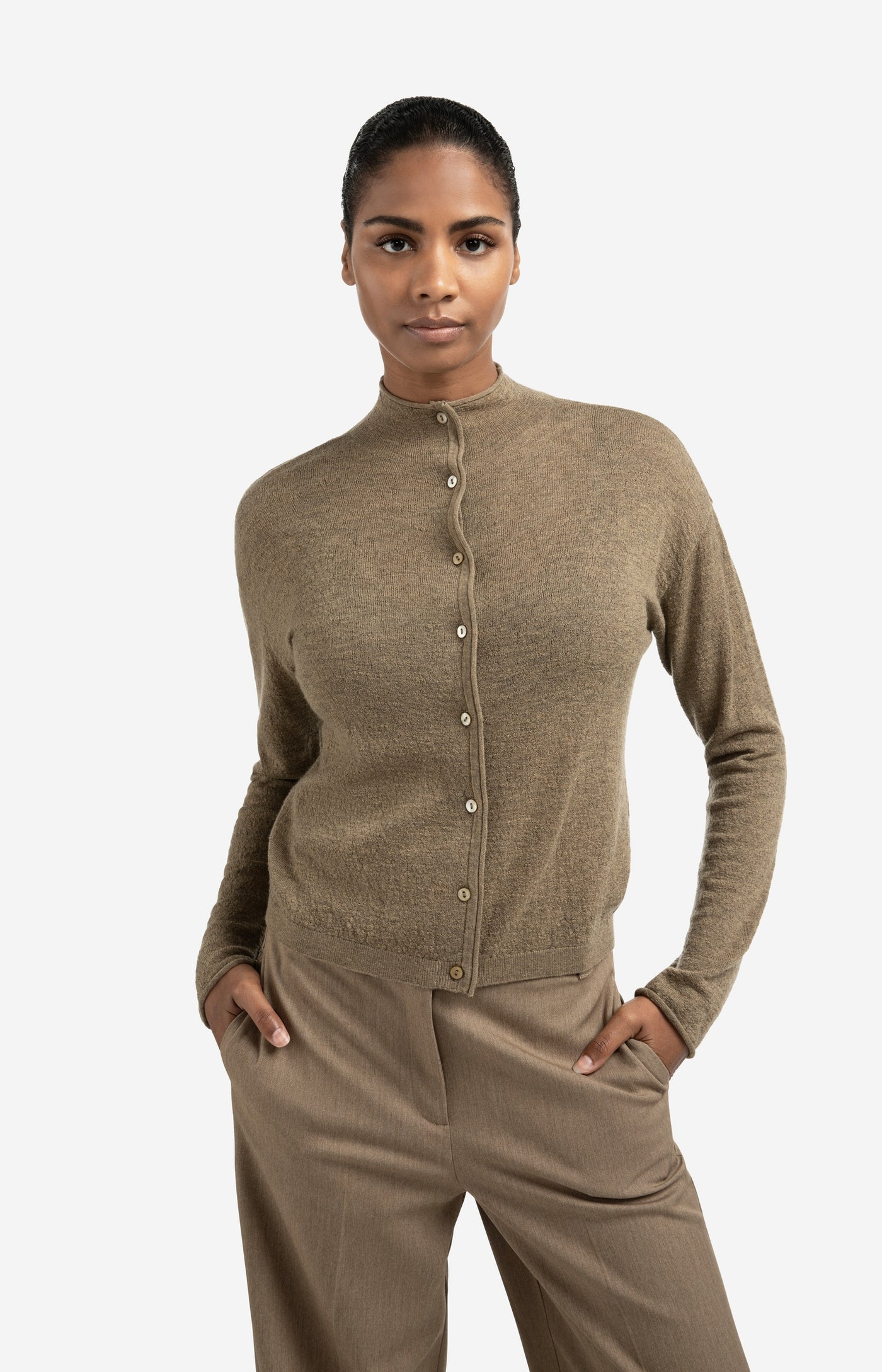 Textured Cardigan with High Neckline