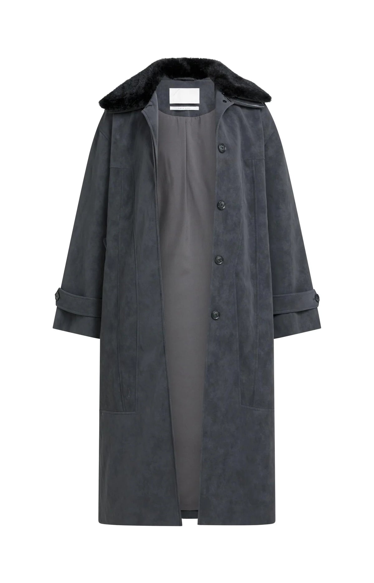 Long Faux Suede Coat with Detachable Collar
