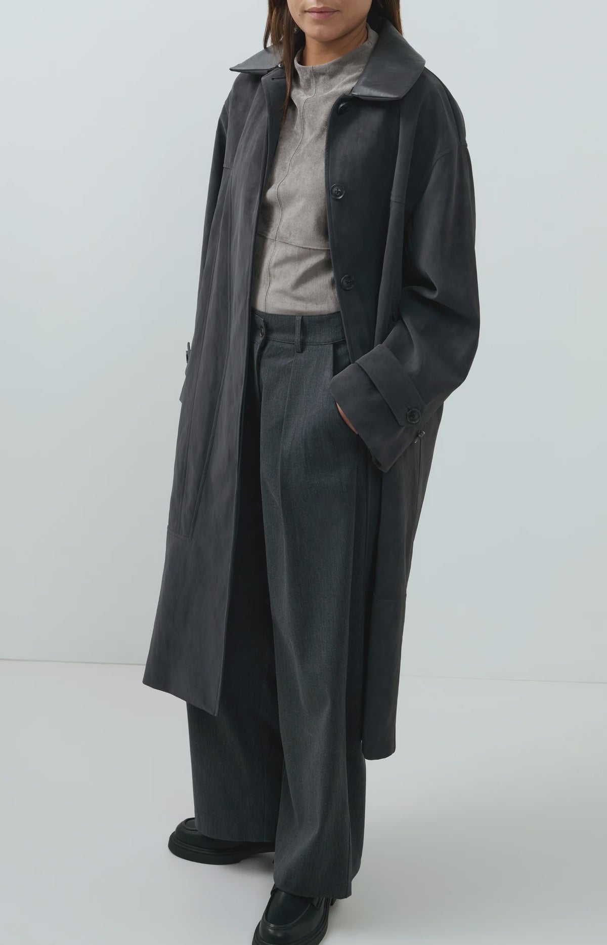 Long Faux Suede Coat with Detachable Collar