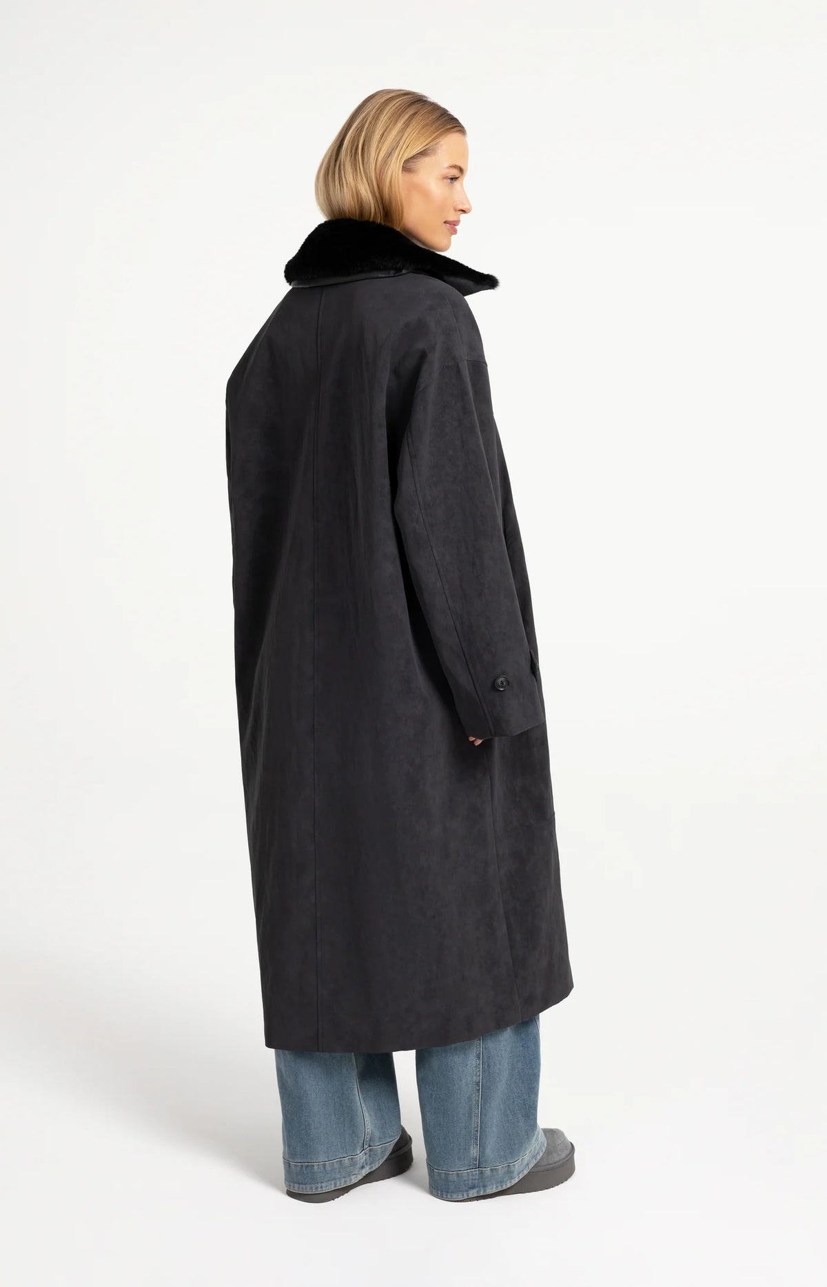 Long Faux Suede Coat with Detachable Collar
