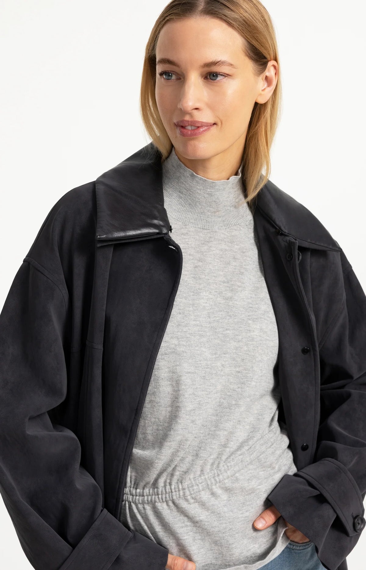 Long Faux Suede Coat with Detachable Collar