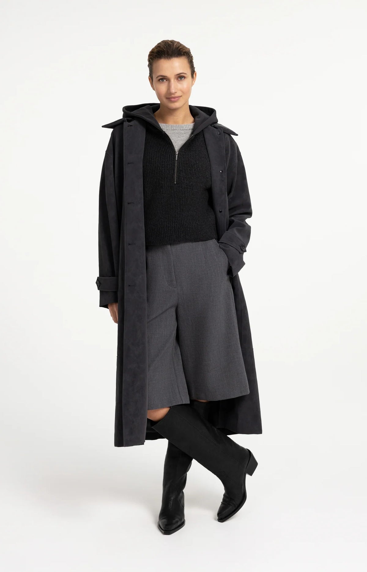 Long Faux Suede Coat with Detachable Collar