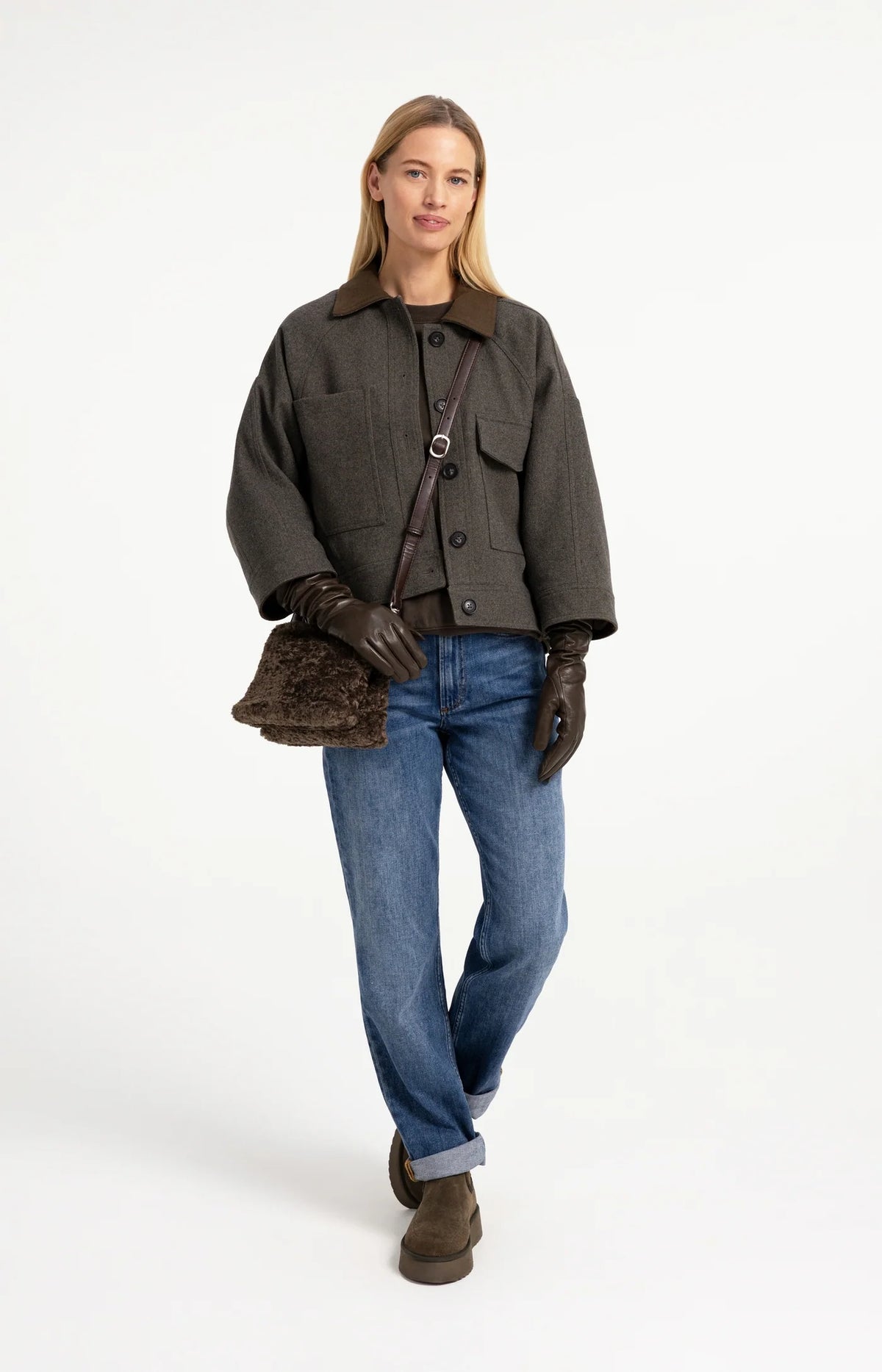 Oversized Wool Mix Jacket w Contrast Collar