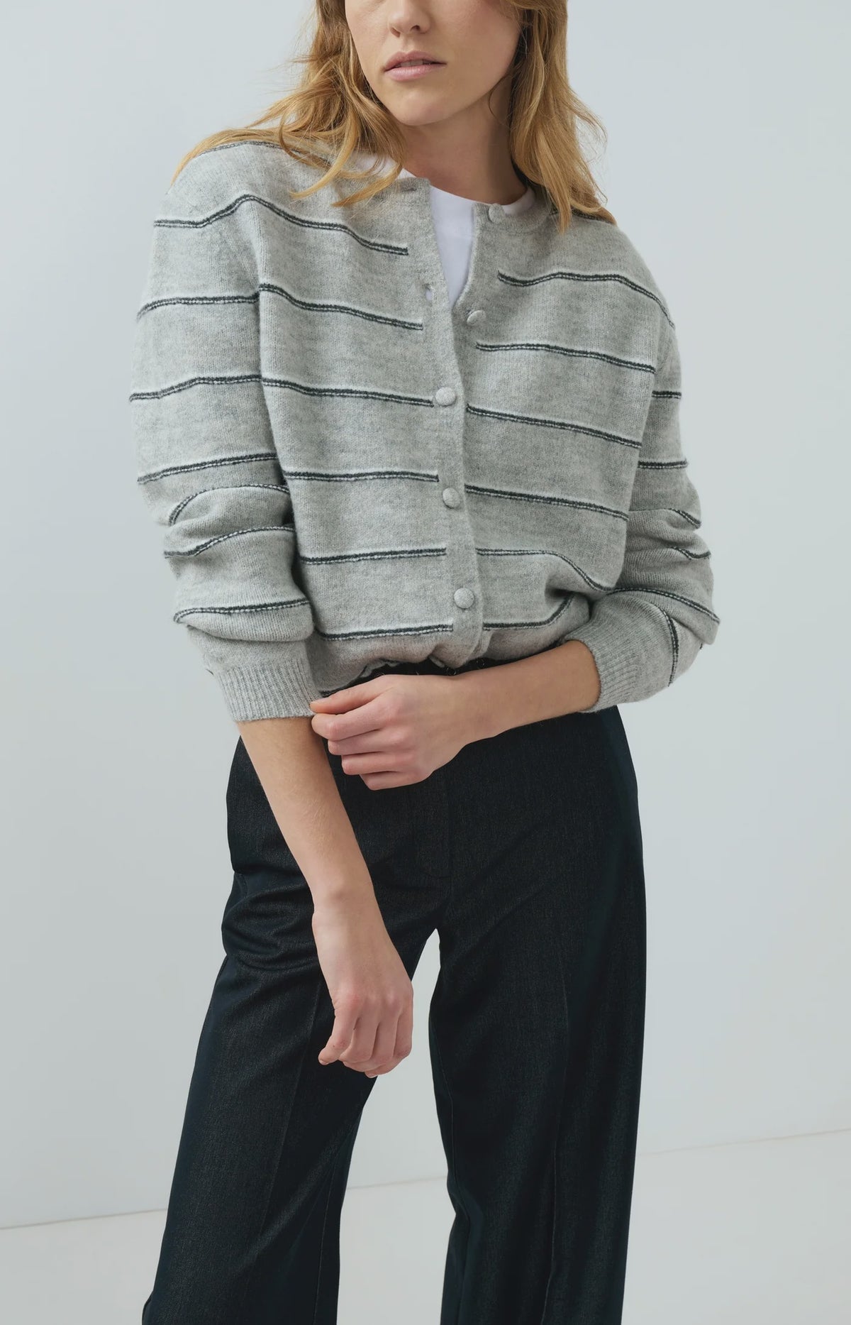 Striped Knitted Cardigan w Tie Detail