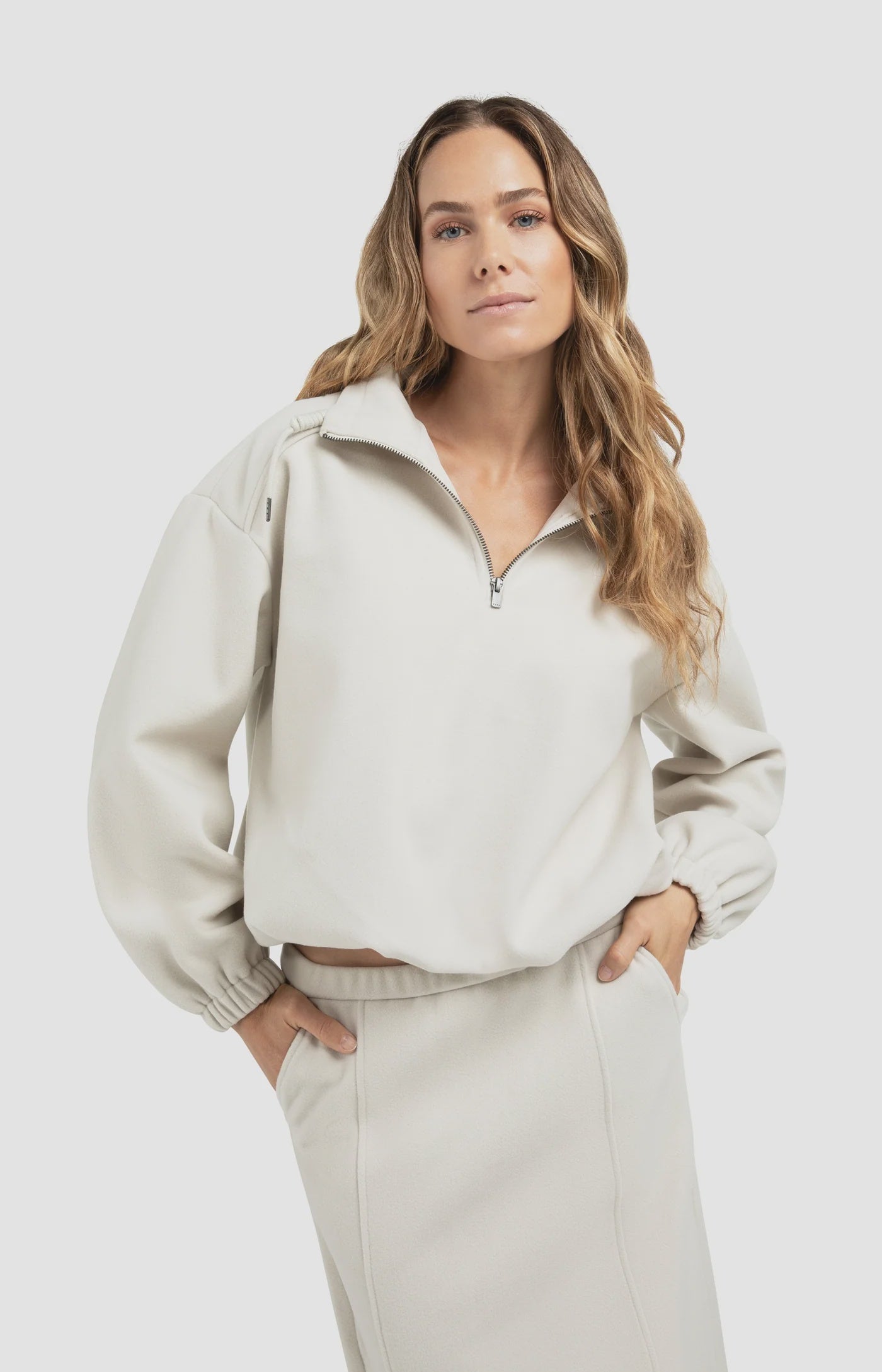 Balloon Sleeve Zip Collar Sweatshirt