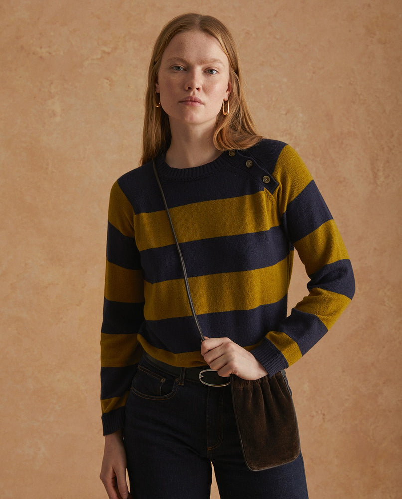 Striped Button Shoulder Sweater - Olive/Navy